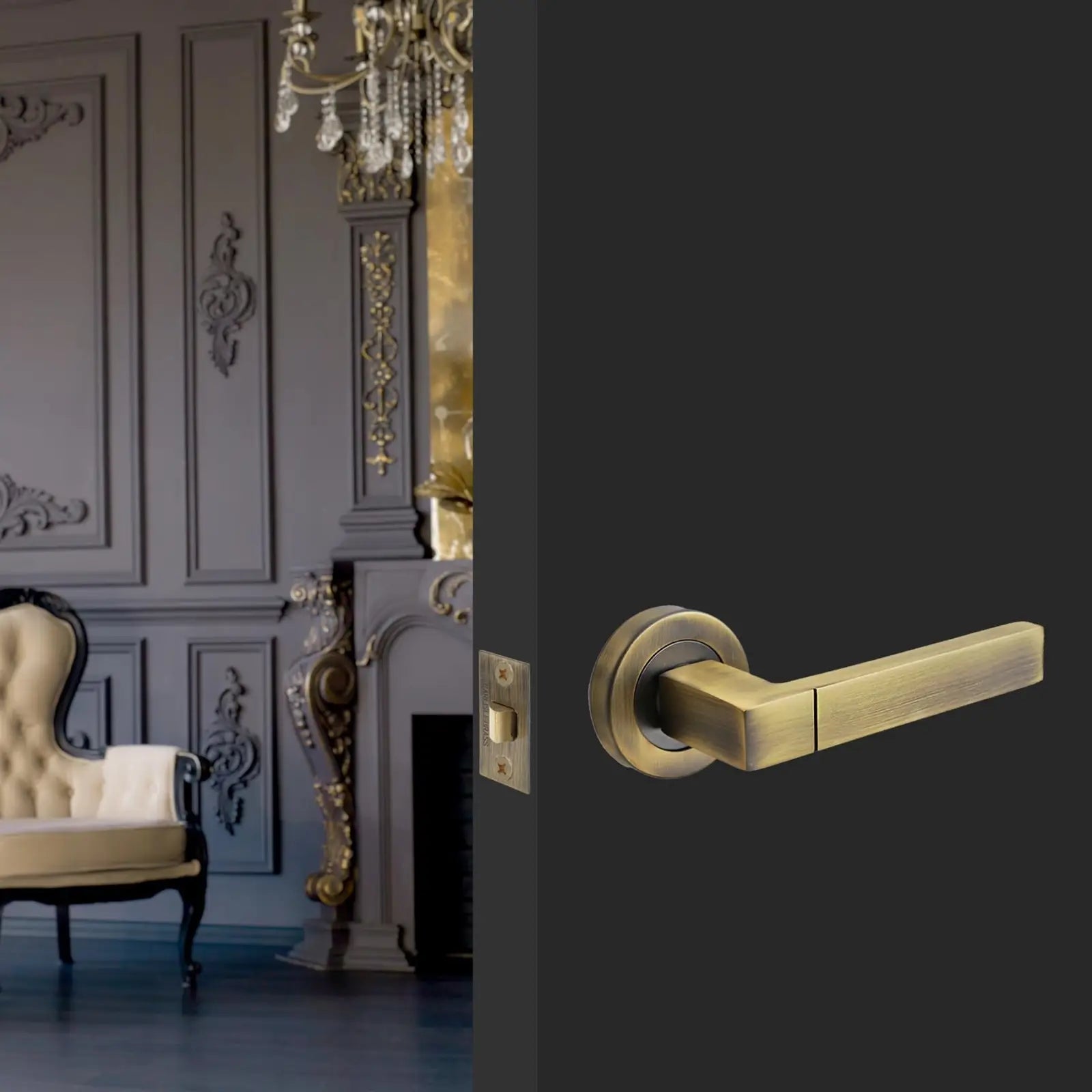 Lumina Antique Brass Passage Door Lever Handles - Latch And Hinge Set - & - Complete