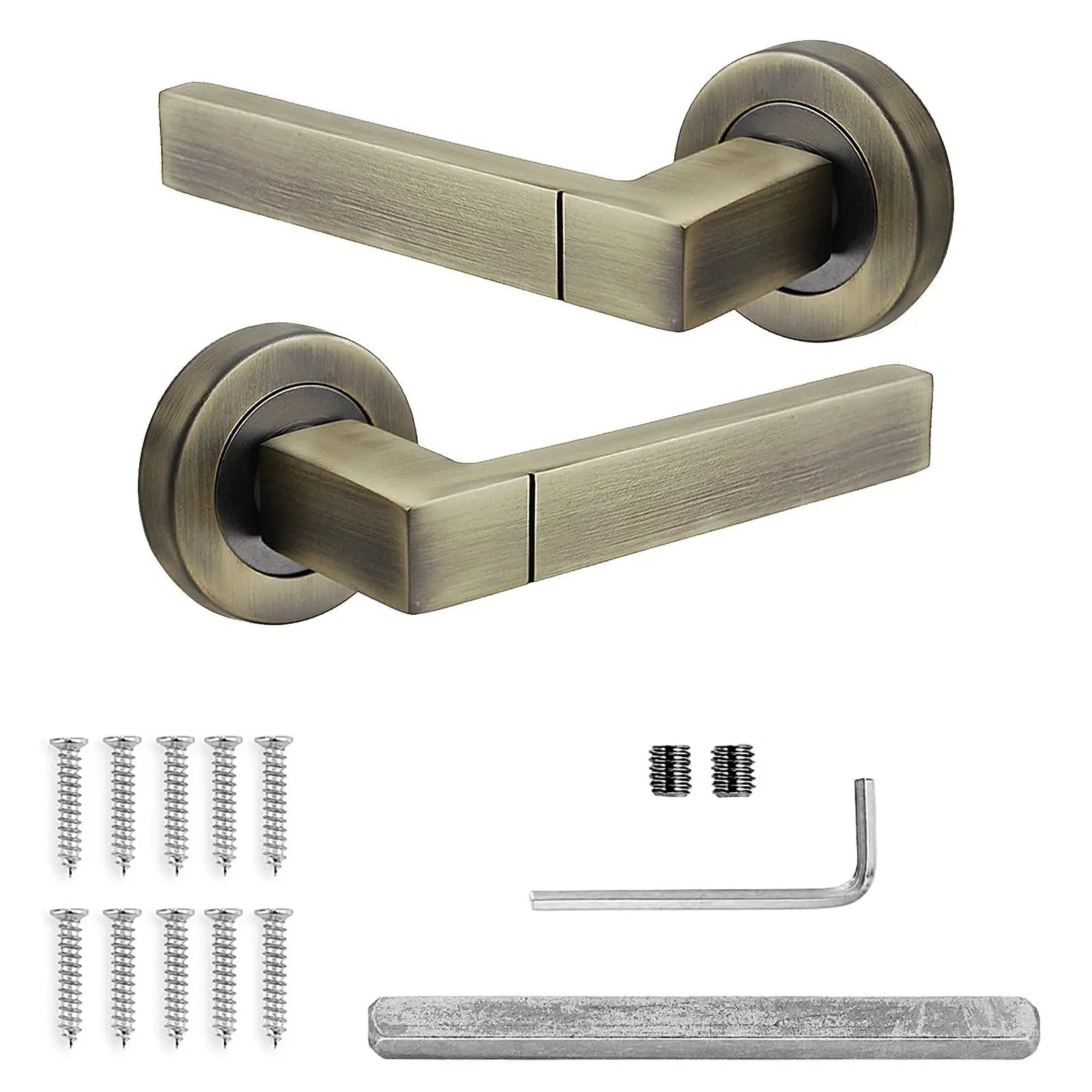 Lumina Antique Brass Passage Door Lever Handles - Latch And Hinge Set - & - Complete