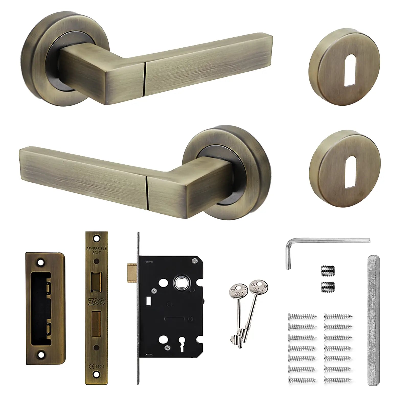 Lumina Antique Brass Privacy Door Lever Handles - Sash Lock Kit Set - Decor And Decor