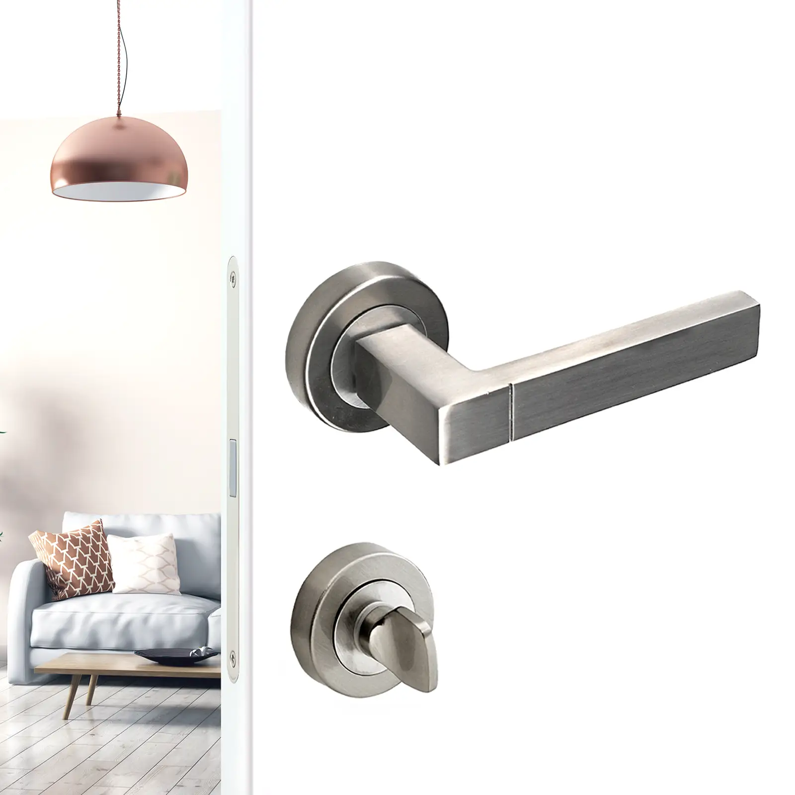 Lumina Satin Nickel Bathroom Door Lever Handles - Bathroom Kit Set - Decor And Decor
