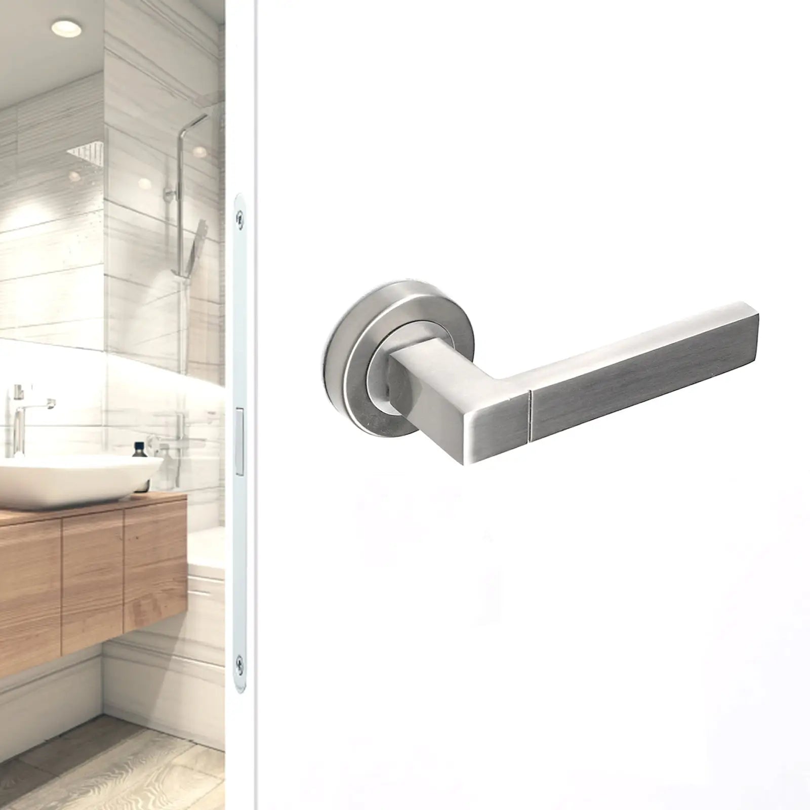 Brushed metal door handle on Lumina Satin Nickel Passage Door Lever Handles set