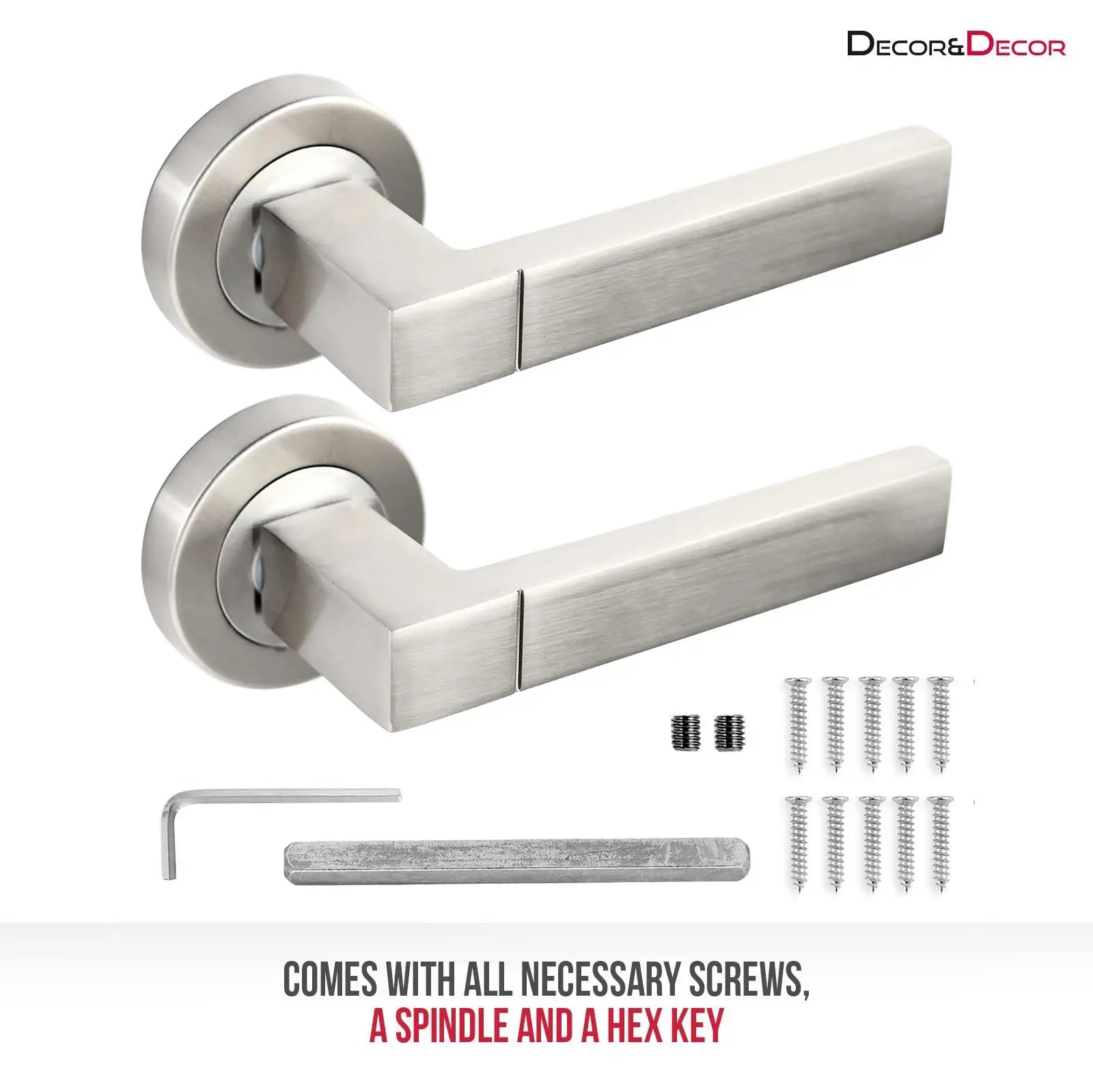 Two Lumina Satin Nickel Passage Door Lever Handles with hardware on display