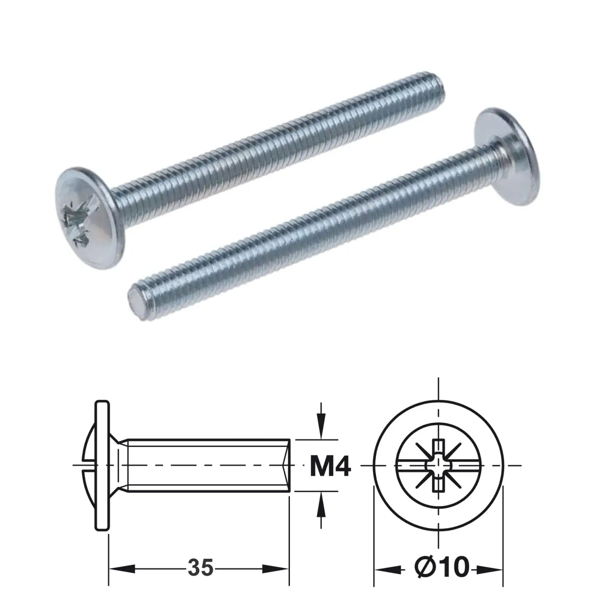 Two silver flat-head M4 fixing screws with technical drawings for handles and knobs