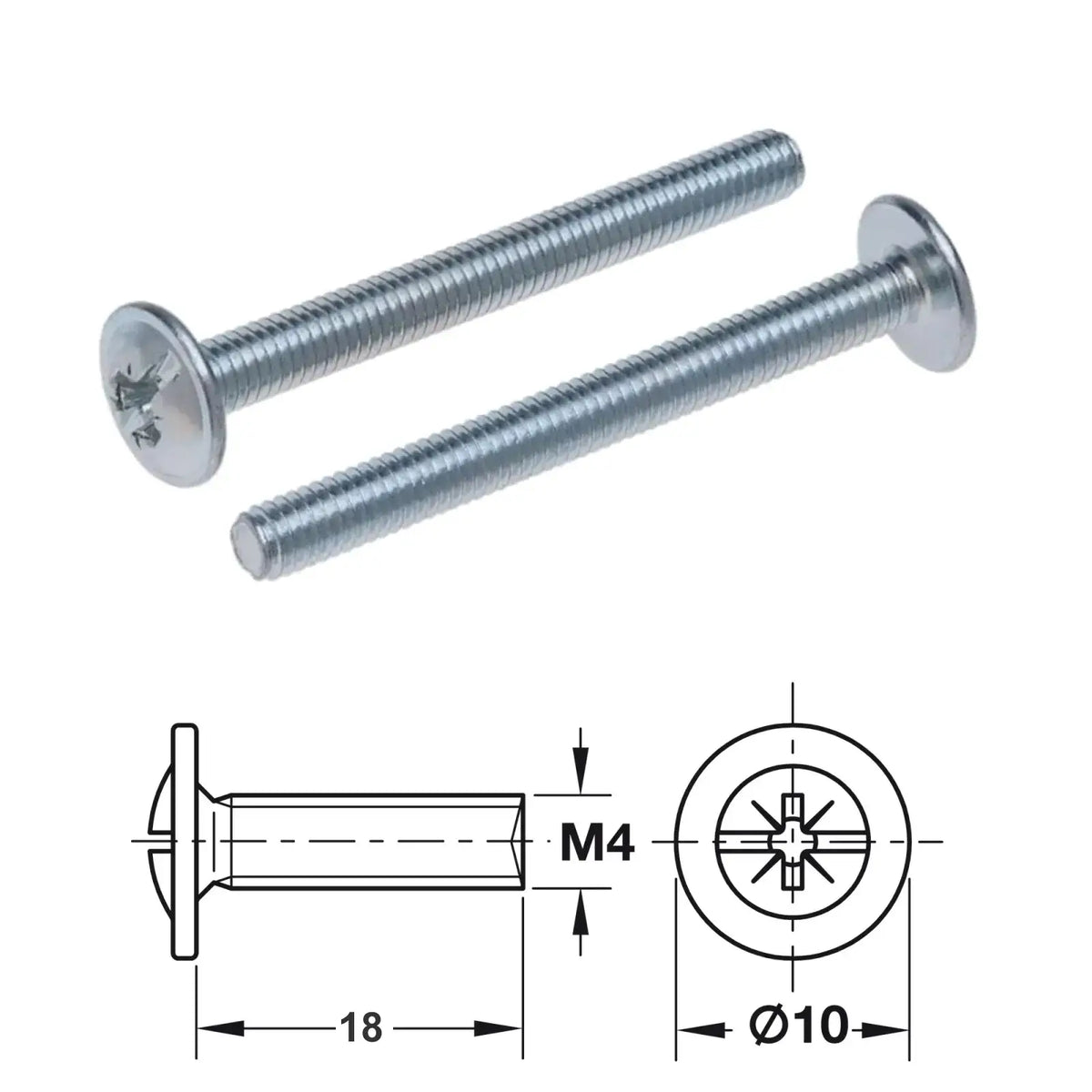 Two silver flat-head screws with technical drawings for M4 fixing screw pack