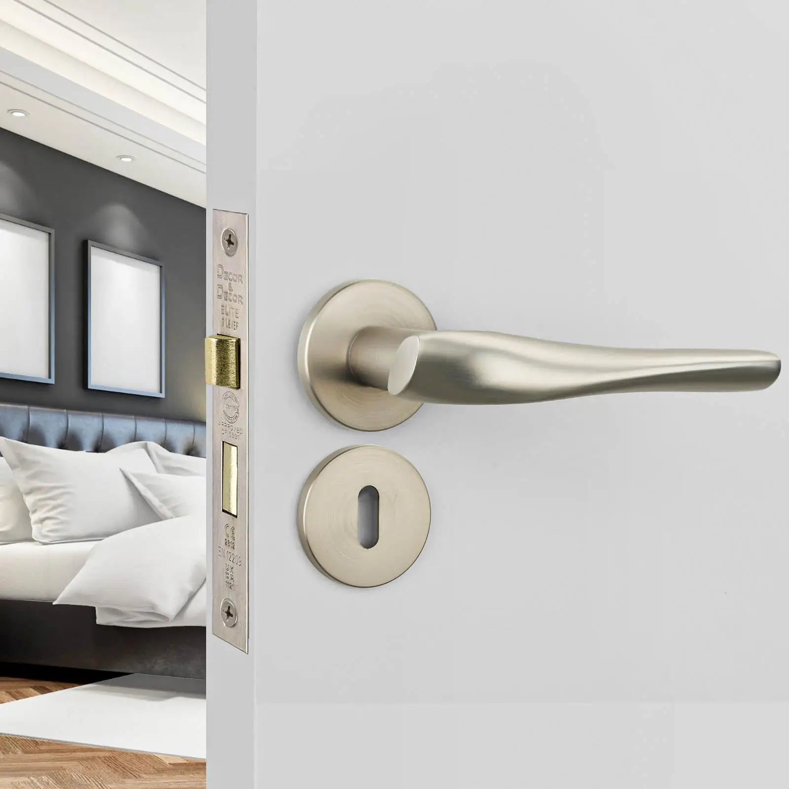 Nanda Satin Nickel Privacy Door Handles - Sash Lock Kit Set - Handle –