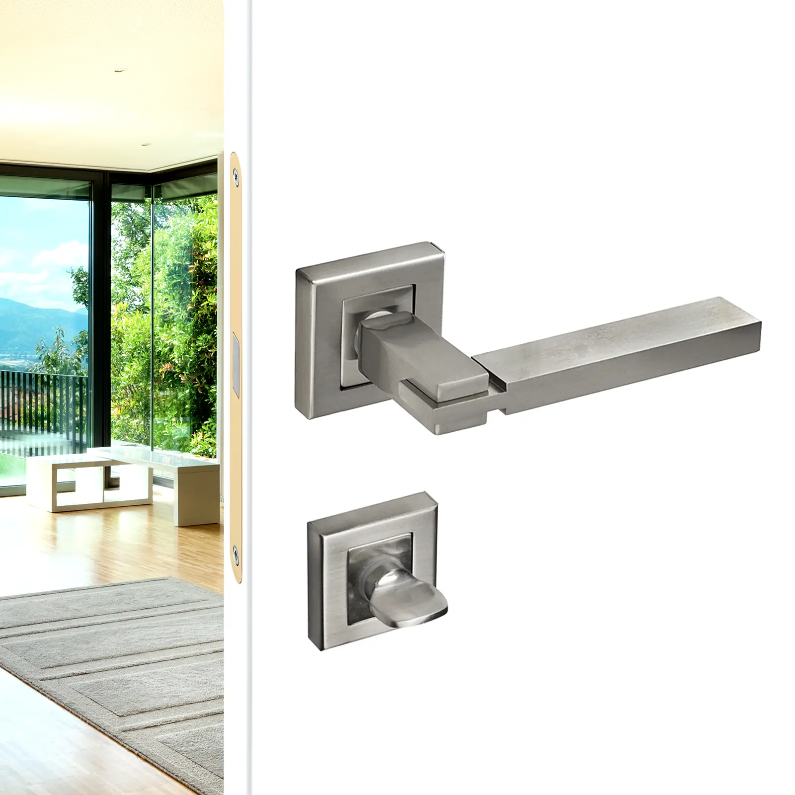 Nexus Satin Nickel Bathroom Door Lever Handles - Bathroom Kit Set - Decor And Decor