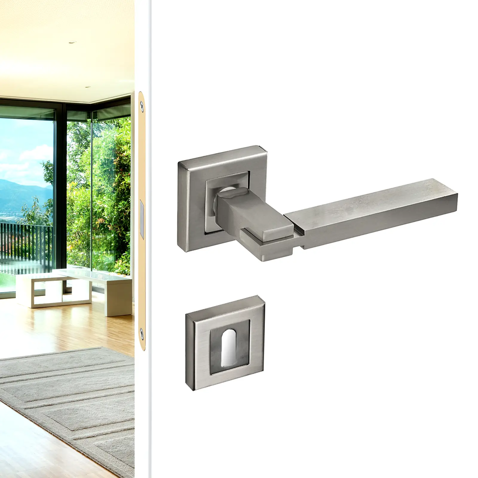 Nexus Satin Nickel Privacy Door Lever Handles - Sash Lock Kit Set - Decor And Decor