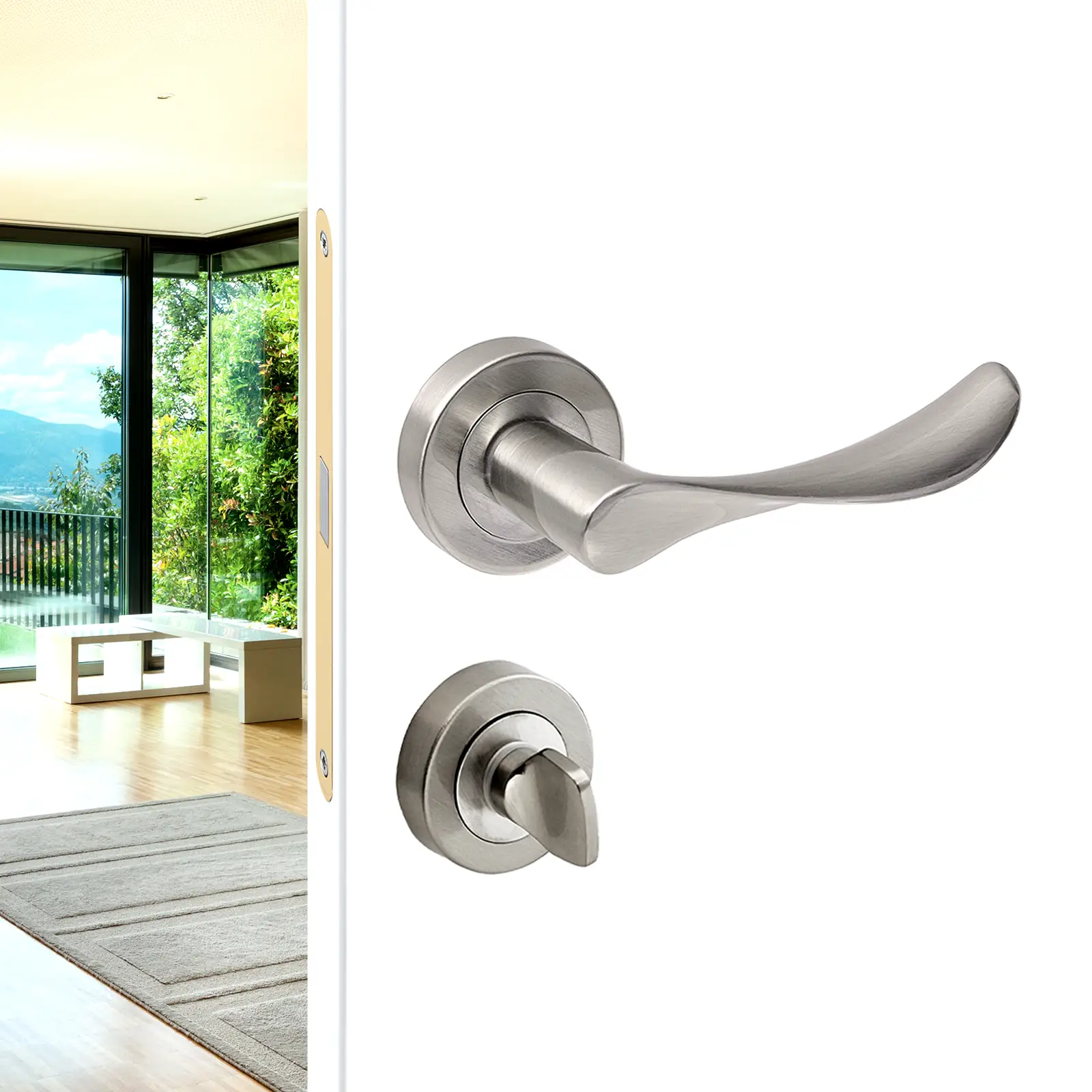 Nimbus Satin Nickel Bathroom Door Lever Handles- Bathroom Kit Set - Decor And Decor