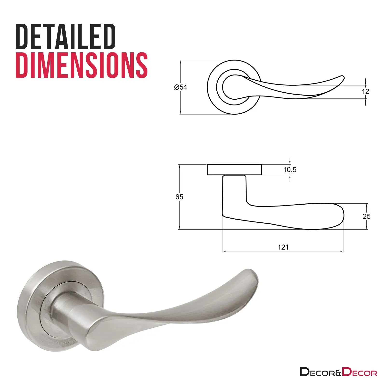 Satin Nickel Door Lever Handle with dimensions from Nimbus Latch and Hinge Set