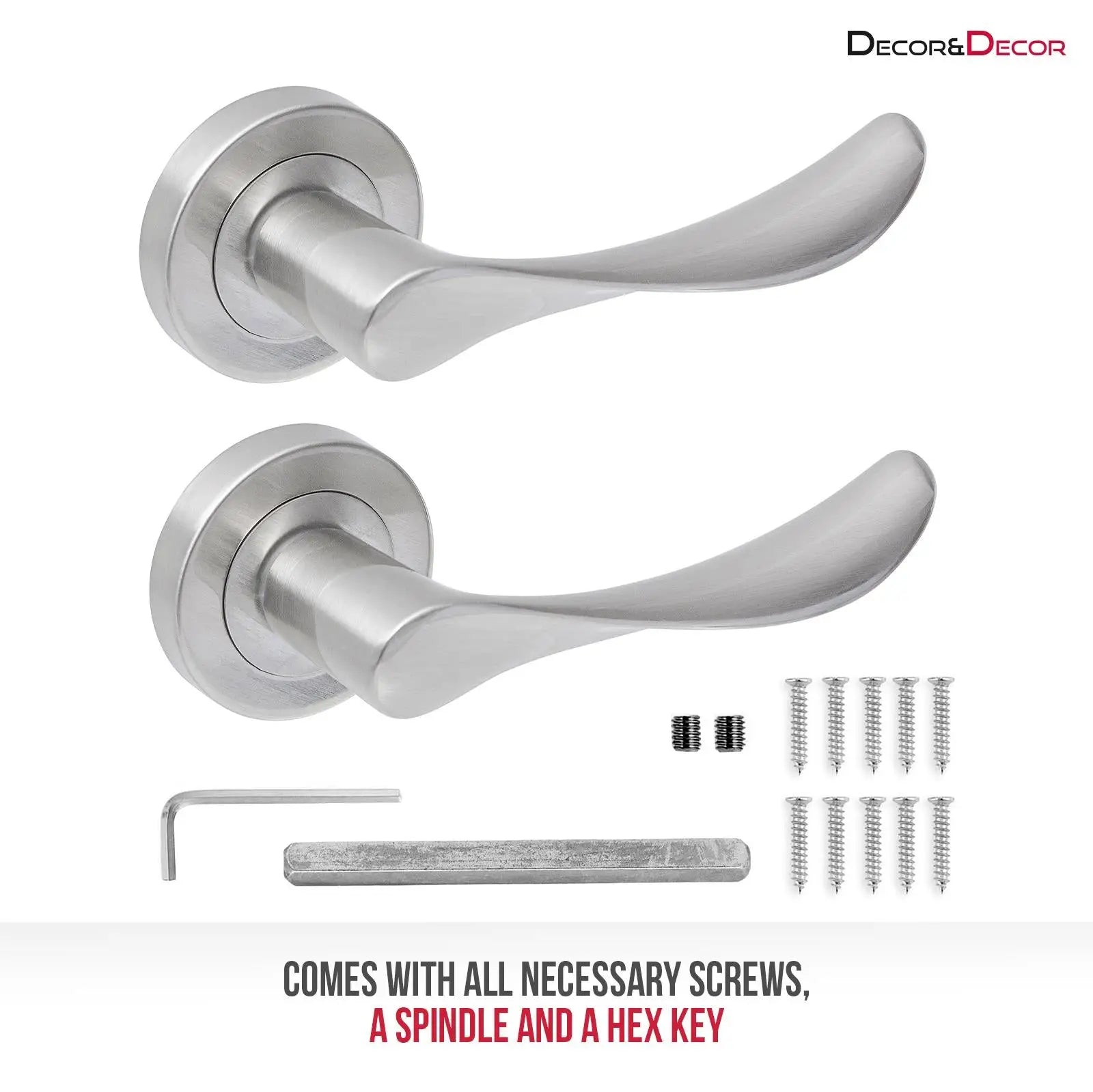 Two Nimbus Satin Nickel Door Lever Handles with hardware for elegant door design