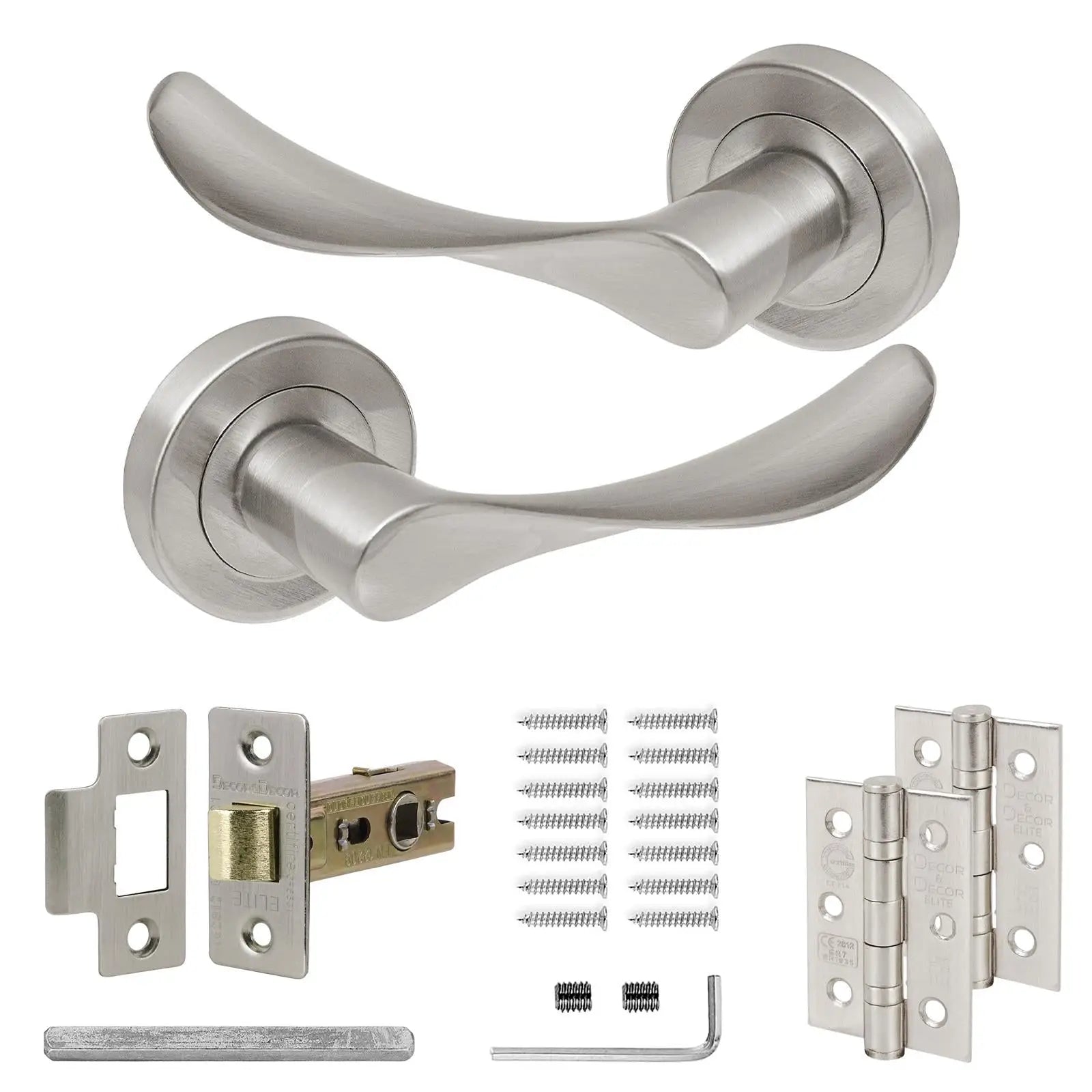 Nimbus Satin Nickel Door Lever Handle Set with Latch and Hinges for modern interiors