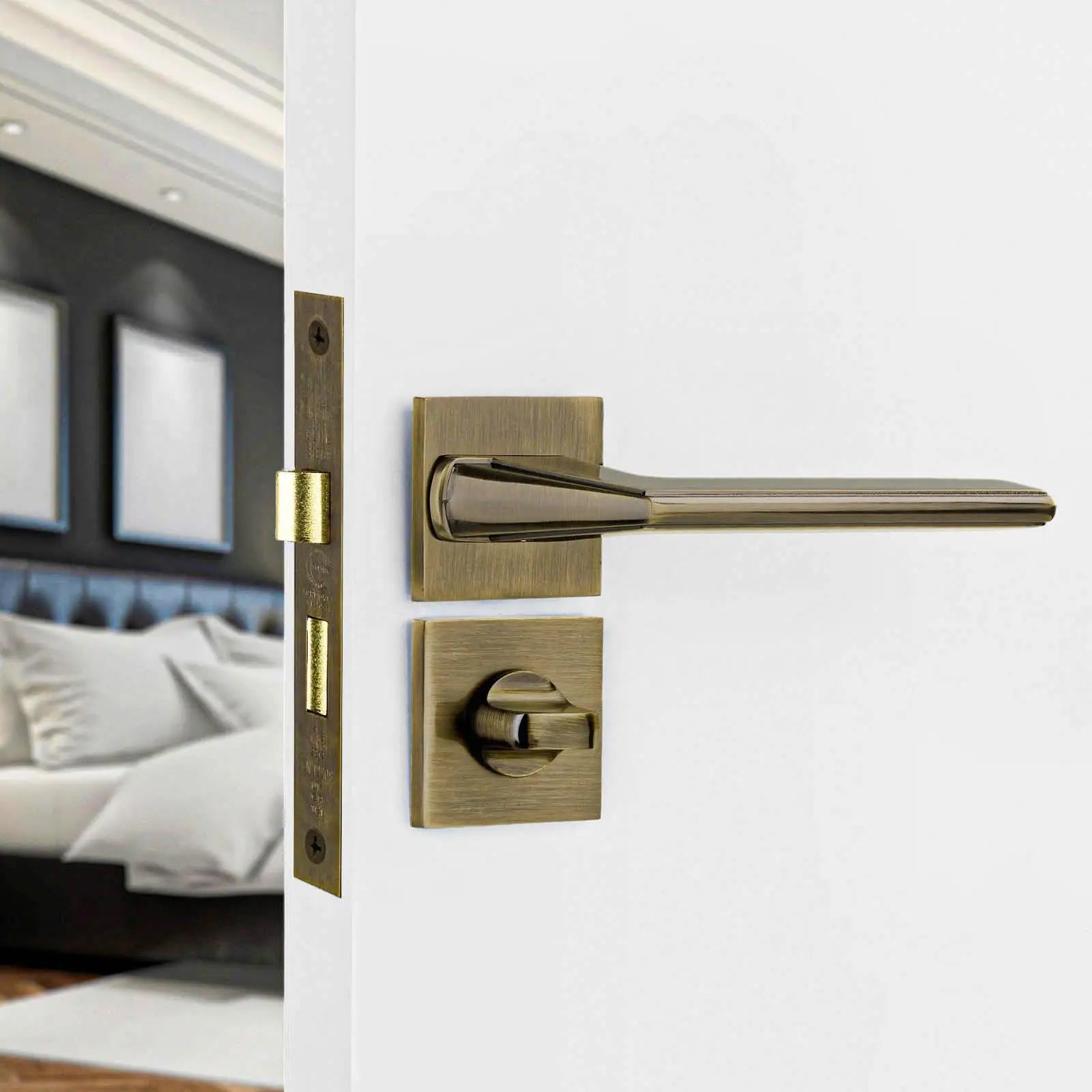 Bronze-toned square-plated door handle from Pera Antique Brass Bathroom Kit