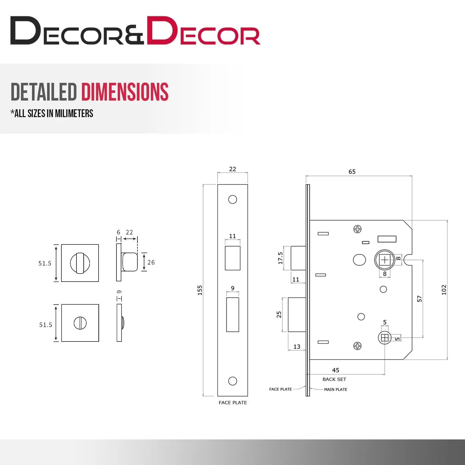 Detailed lock dimensions for Pera Antique Brass Bathroom Door Handles product