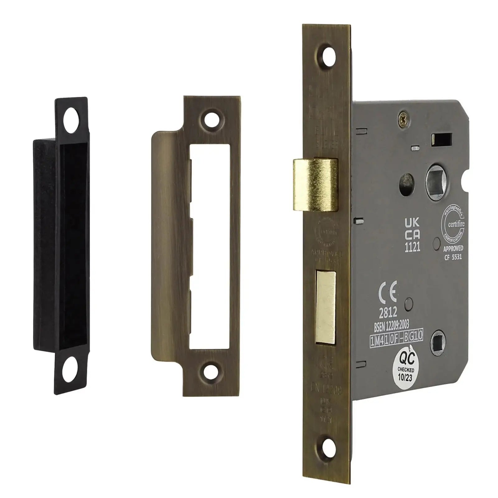 Mortise lock set with strike plates in Pera Antique Brass Bathroom Door Handles Kit