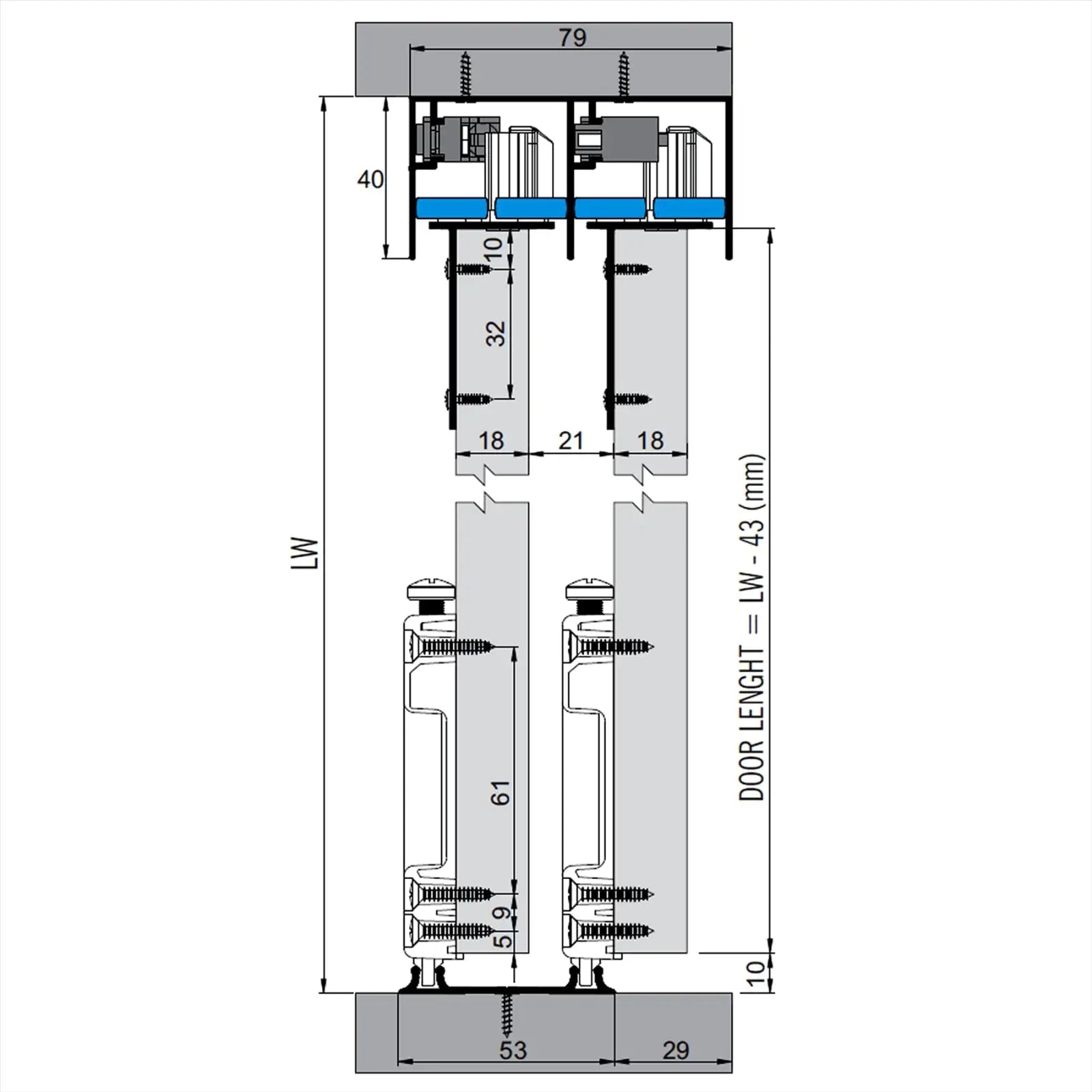 PS-Slide Sliding Door Wardrobe System - 2 Door - 2400mm Track - Both Way Soft Close - Decor And Decor