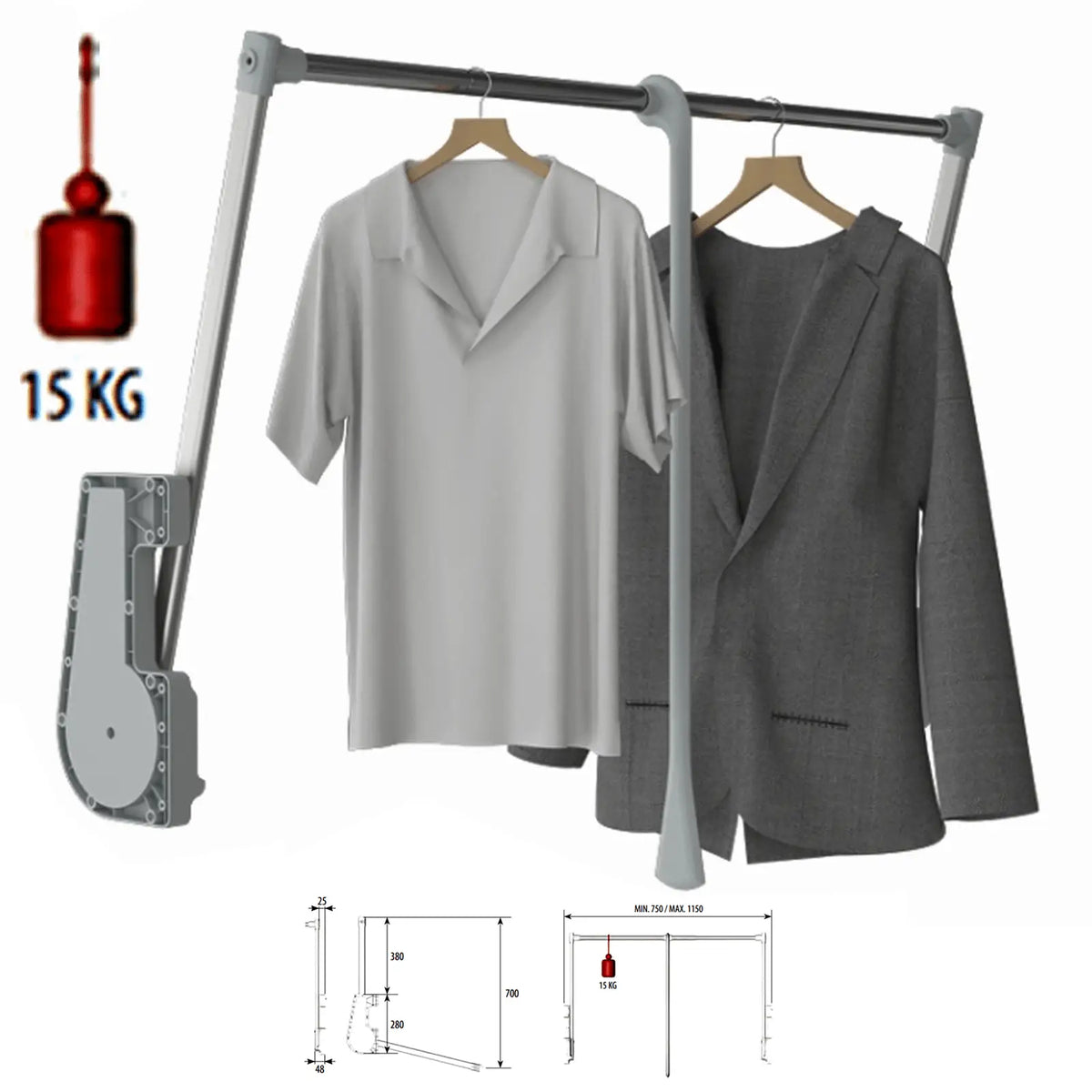 Pull Down Wardrobe Rail - 15Kg Soft Close 750mm-1150mm – view 3