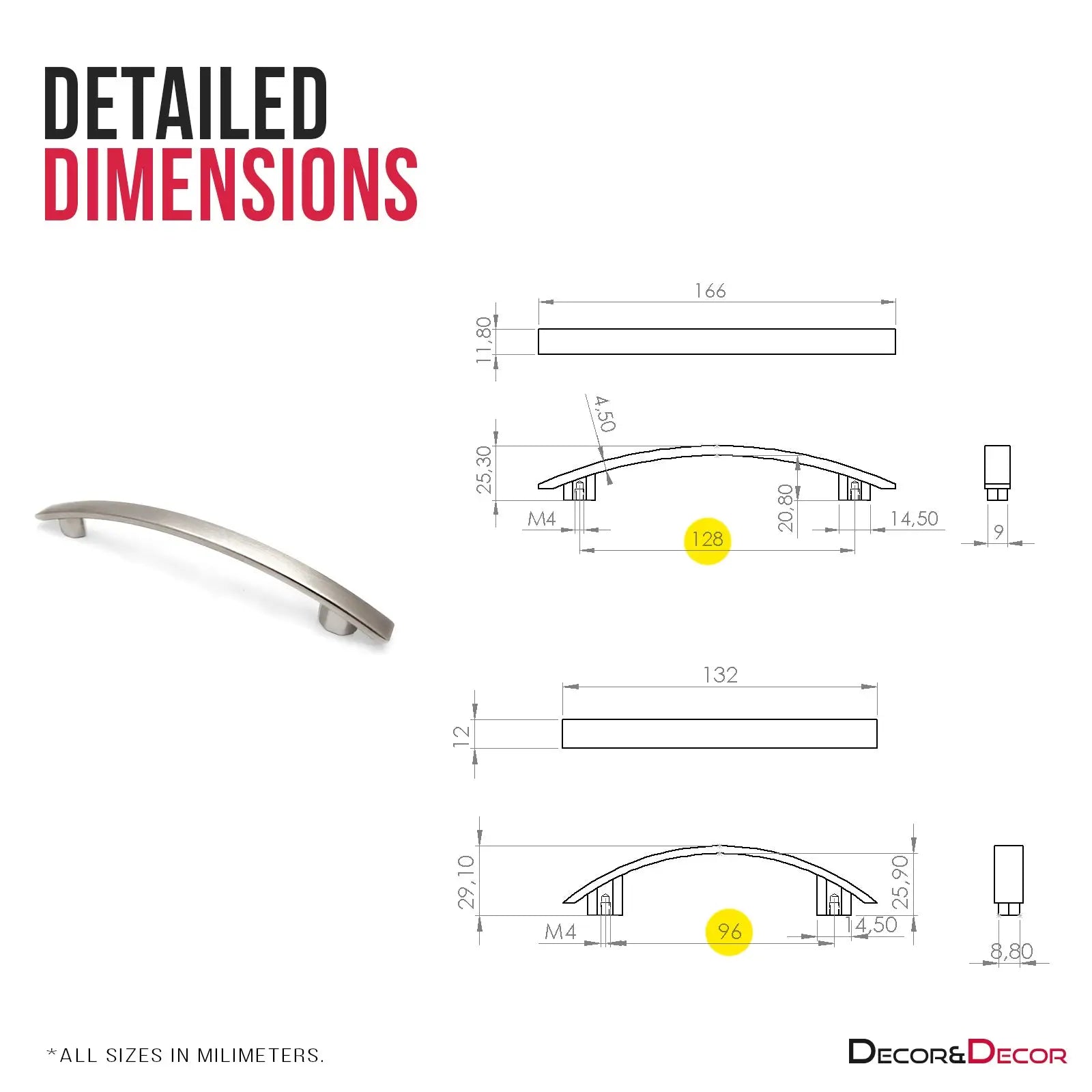 Detailed dimensions of Rochelle Bow Cupboard Handle in Satin Nickel