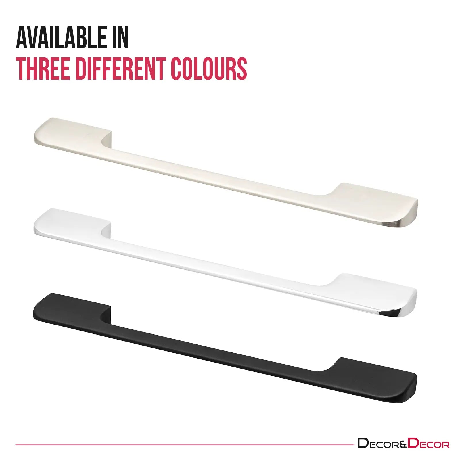 Three cabinet handles in various colors including Matt Black Semma D Shaped Kitchen Handle