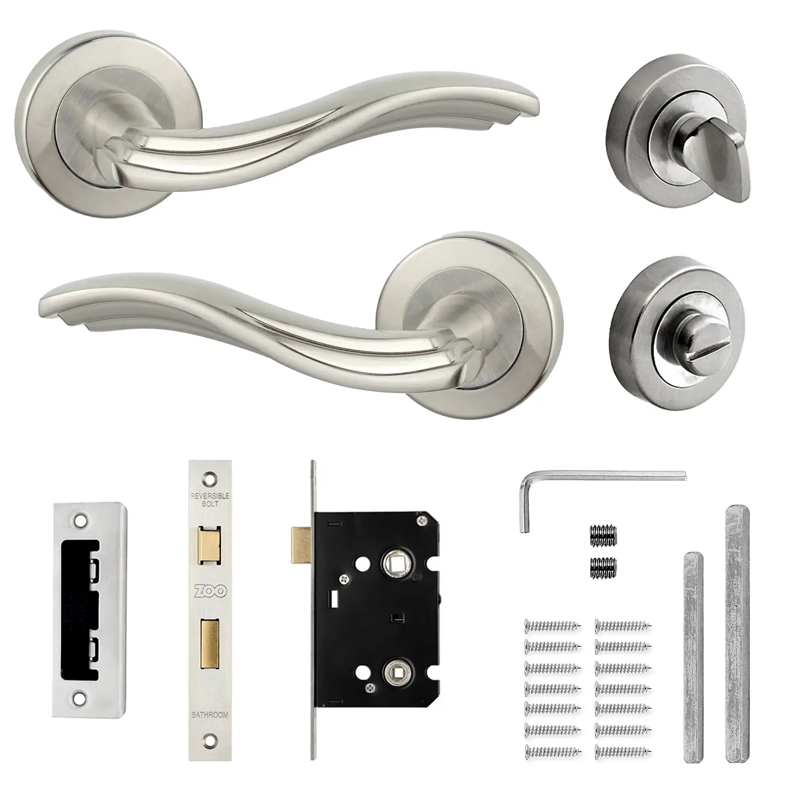 Solace Satin Nickel Bathroom Door Lever Handles - Bathroom Kit Set - Decor And Decor