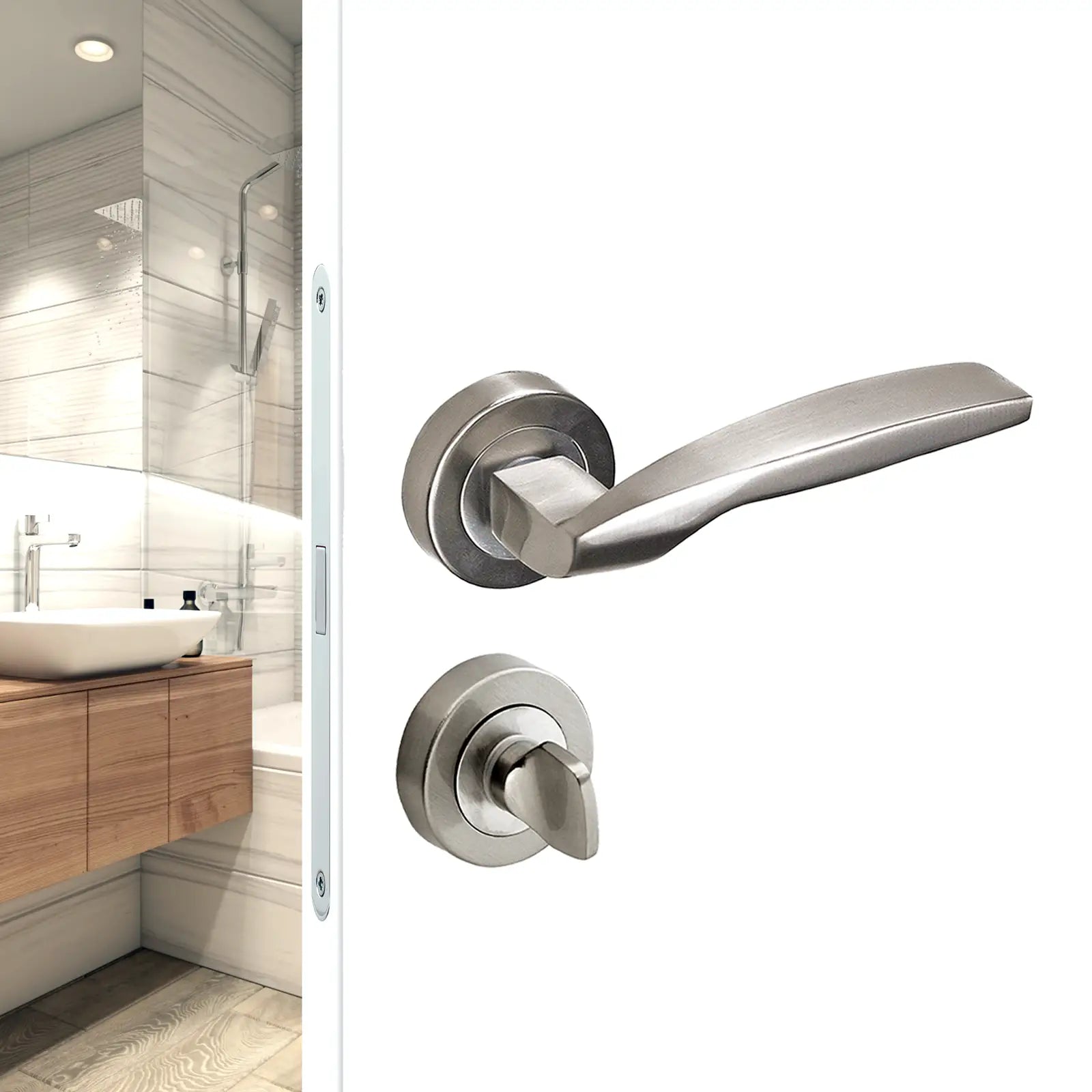 Solitude Satin Nickel Bathroom Door Lever Handles - Bathroom Kit Set - Decor And Decor