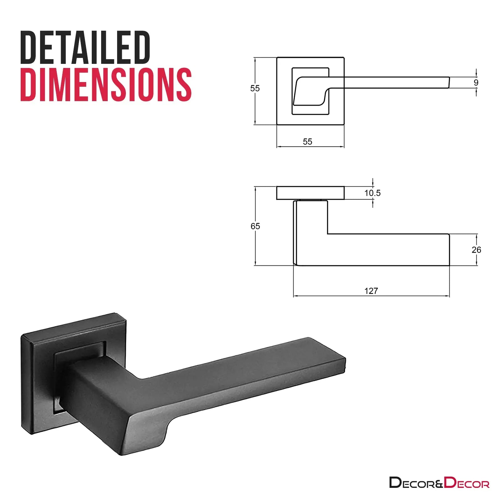Modern square door handle dimensions for Spectra Matt Black Door Handles set