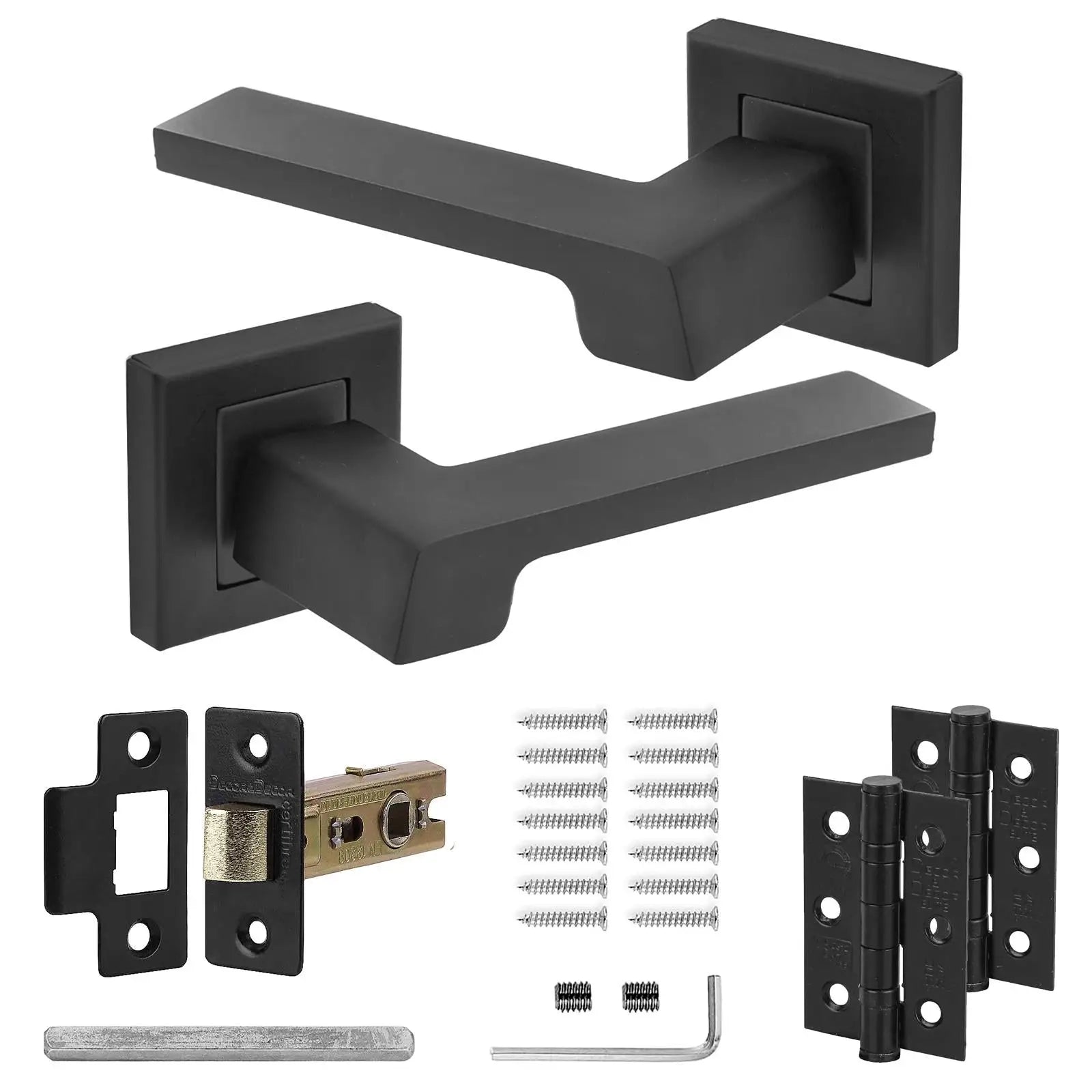Matte black door hardware set including Spectra Matt Black Door Handles and hinges