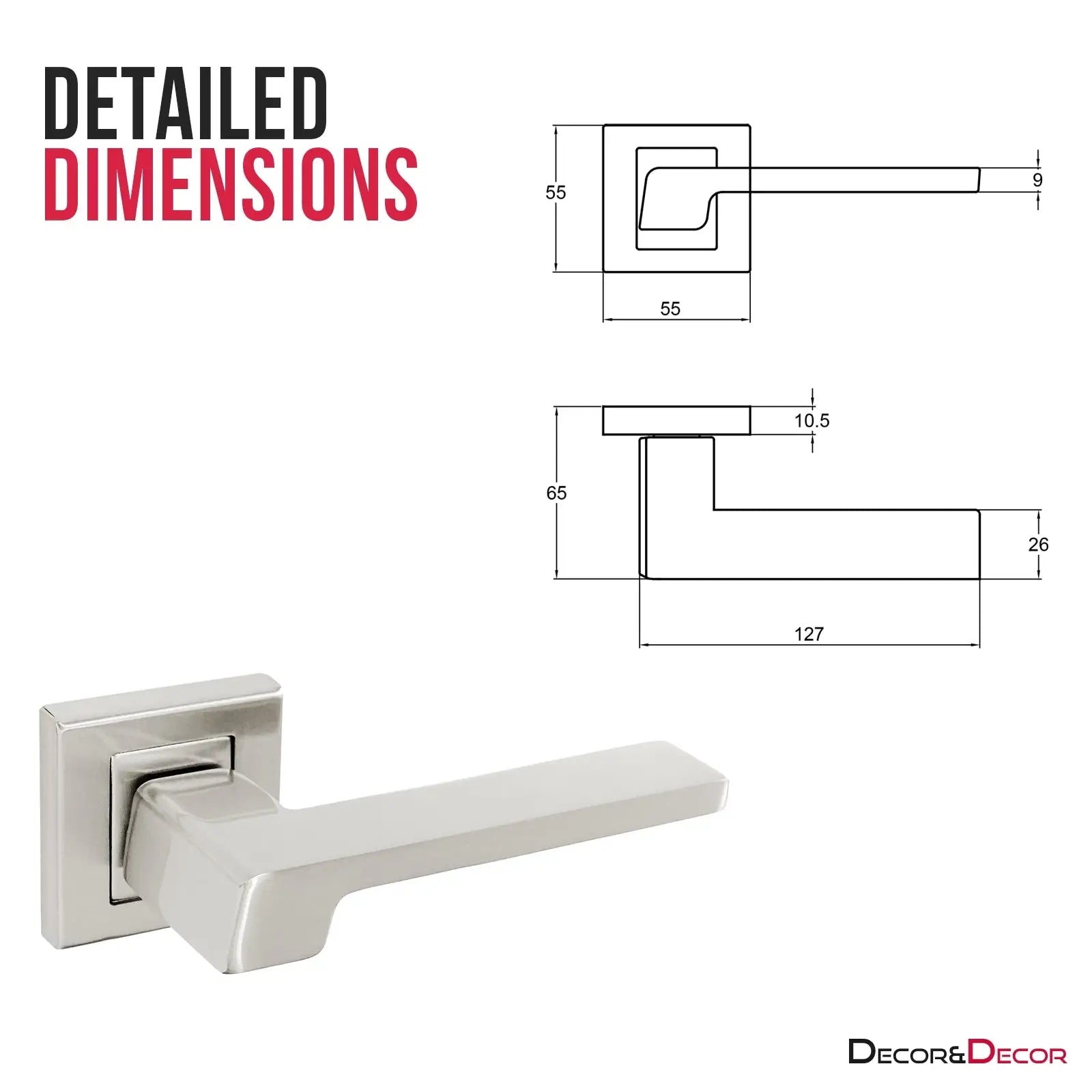 Satin Nickel Square Door Handle with dimensions from Spectra Satin Nickel Door Handle Set
