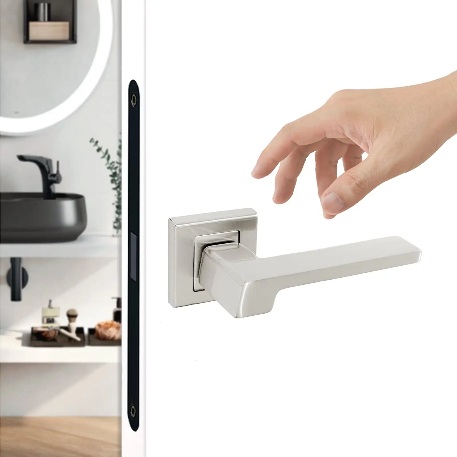 Brushed metal door handle from Spectra Satin Nickel Door Handle Latch and Hinge Set