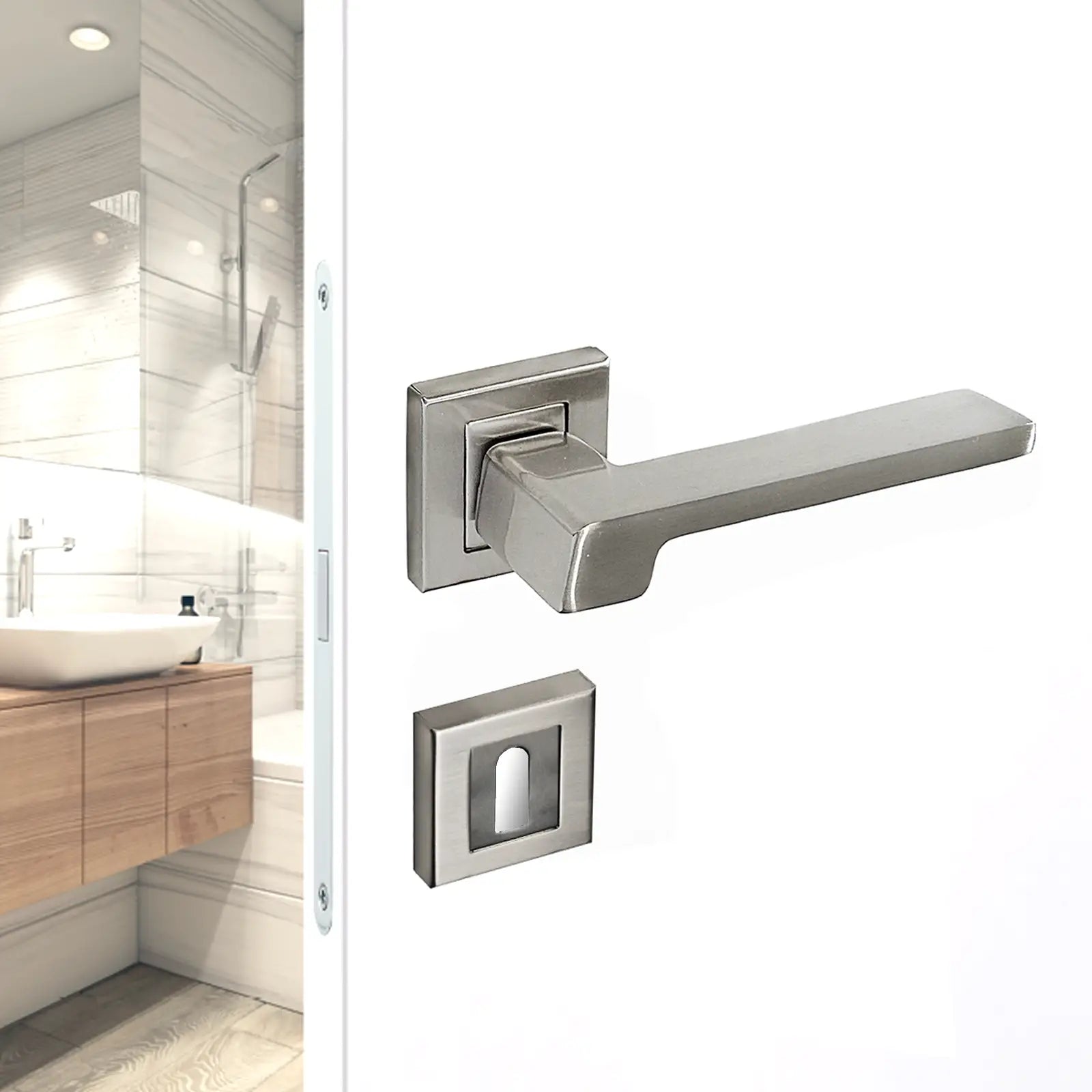 Spectra Satin Nickel Privacy Door Lever Handles - Sash Lock Kit Set - Decor And Decor