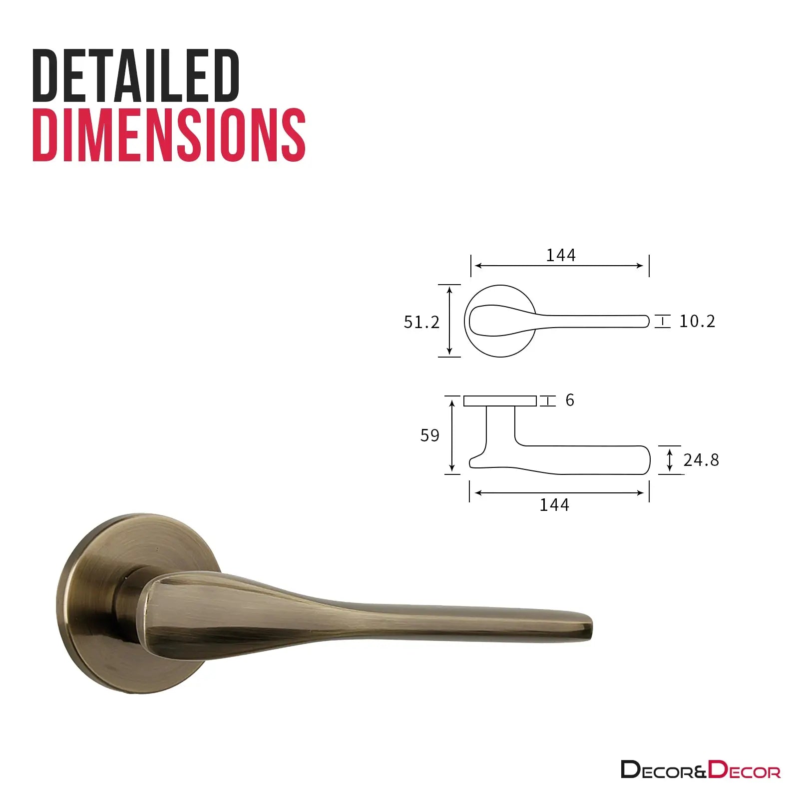 Bronze door handle with dimensions from Verita Antique Brass Bathroom Door Handles Kit