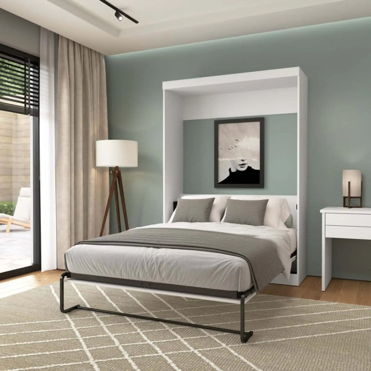 Vertical Pull Down Double Wall Bed with gray bedding in stylish interior setting