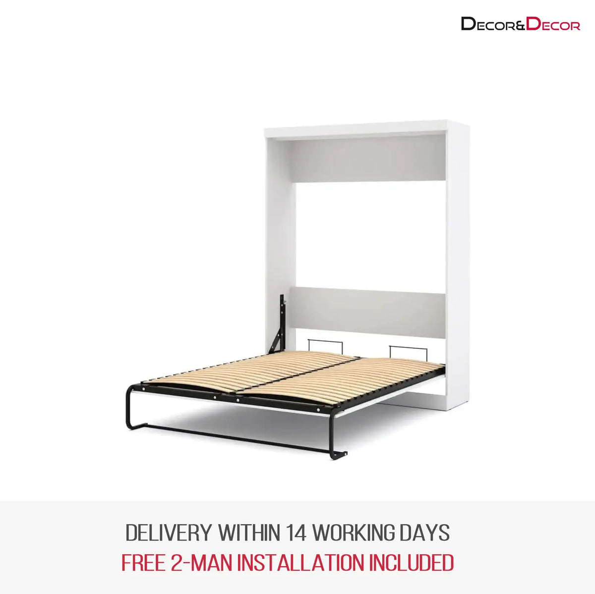 White wall bed with wooden slats in the Vertical Pull Down Double Wall Bed design