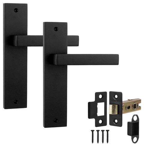 Lumina Matt Black Passage Door Handles on Backplate - Latch Kit Set