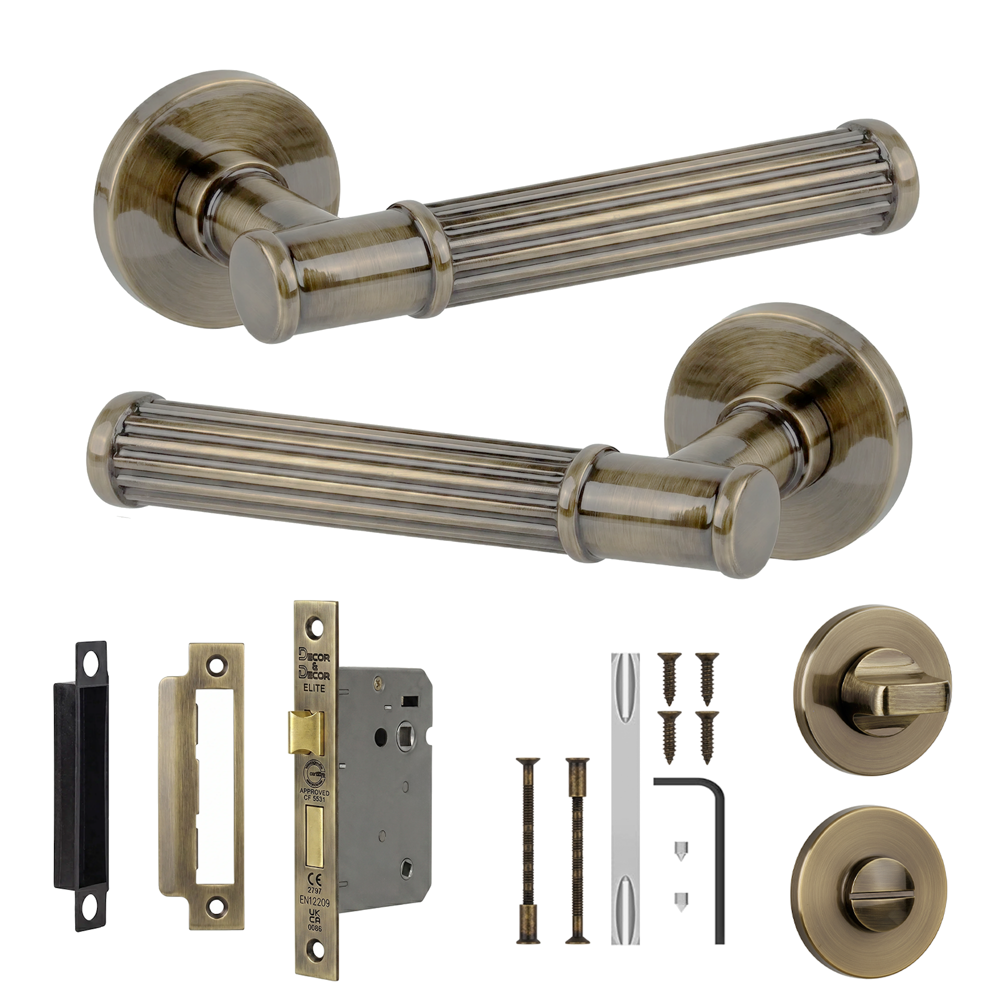 Leto Antique Brass Bathroom Door Lever Handles - Bathroom Kit Set - Decor And Decor