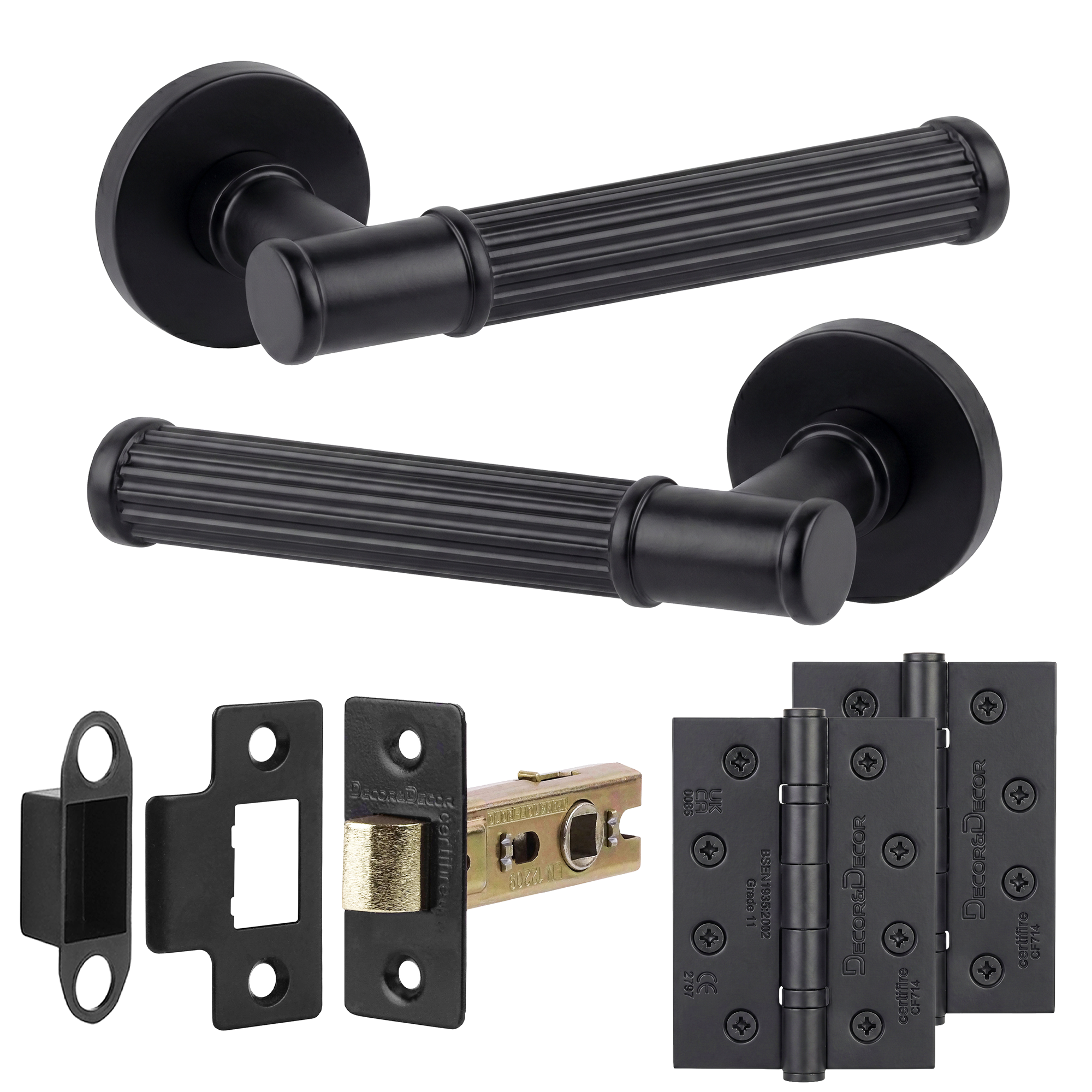 Leto Matt Black Passage Door Lever Handles - Hinge Kit 102mm - Decor And Decor