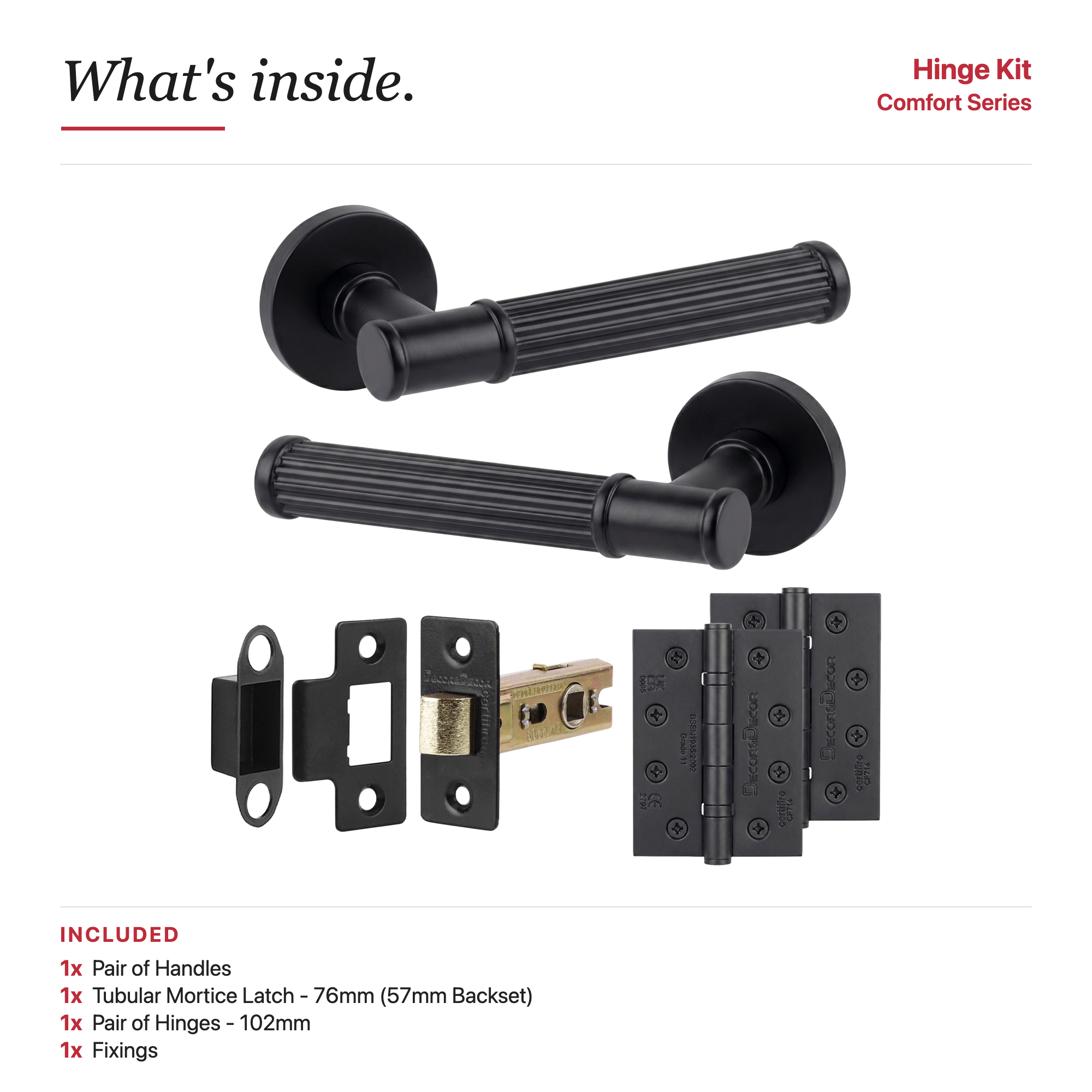 Leto Matt Black Passage Door Lever Handles - Hinge Kit 102mm - Decor And Decor