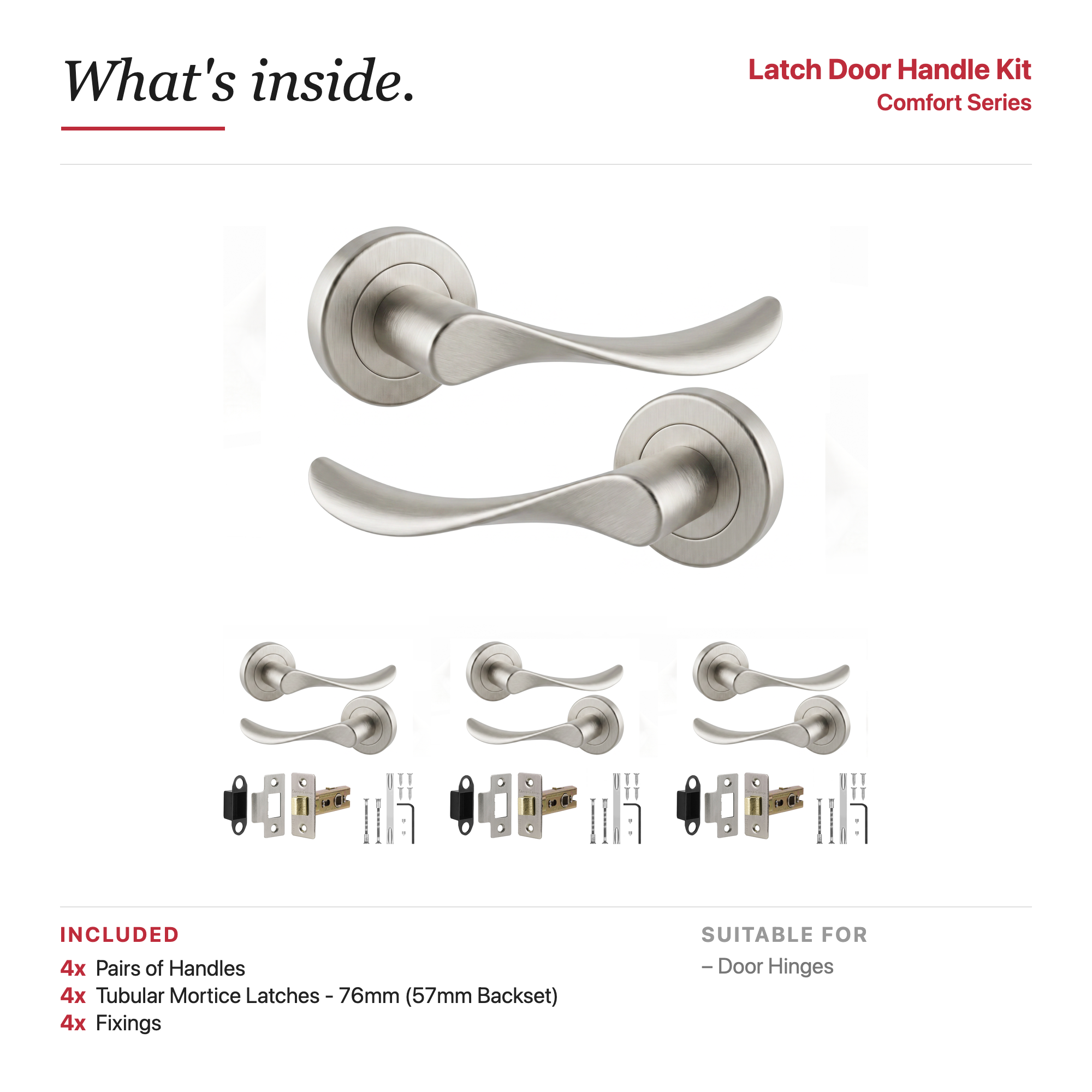 Nimbus Satin Nickel Passage Door Lever Handles – showing what's included in the box