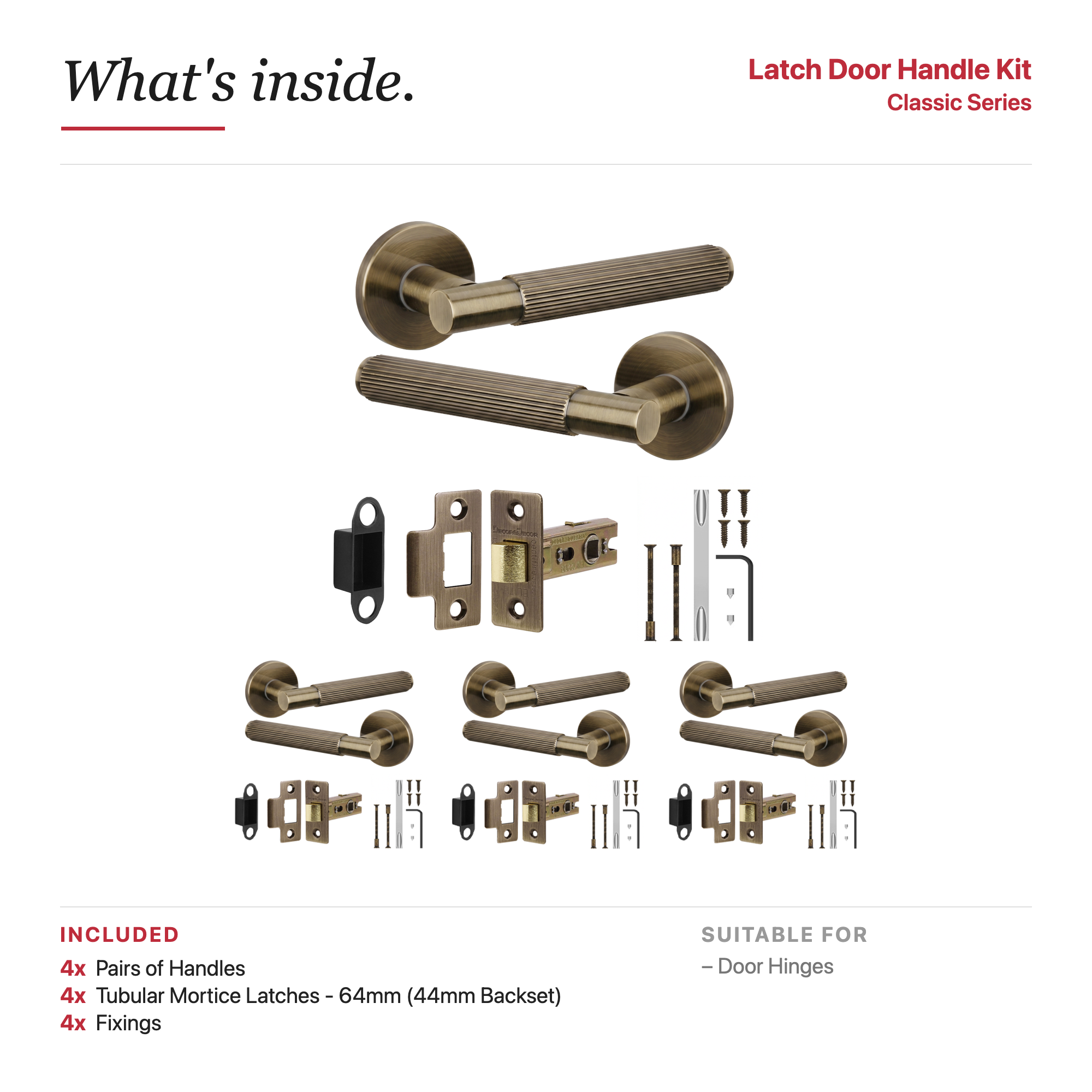 Hera Antique Brass Passage Door Lever Handles – showing what's included in the box