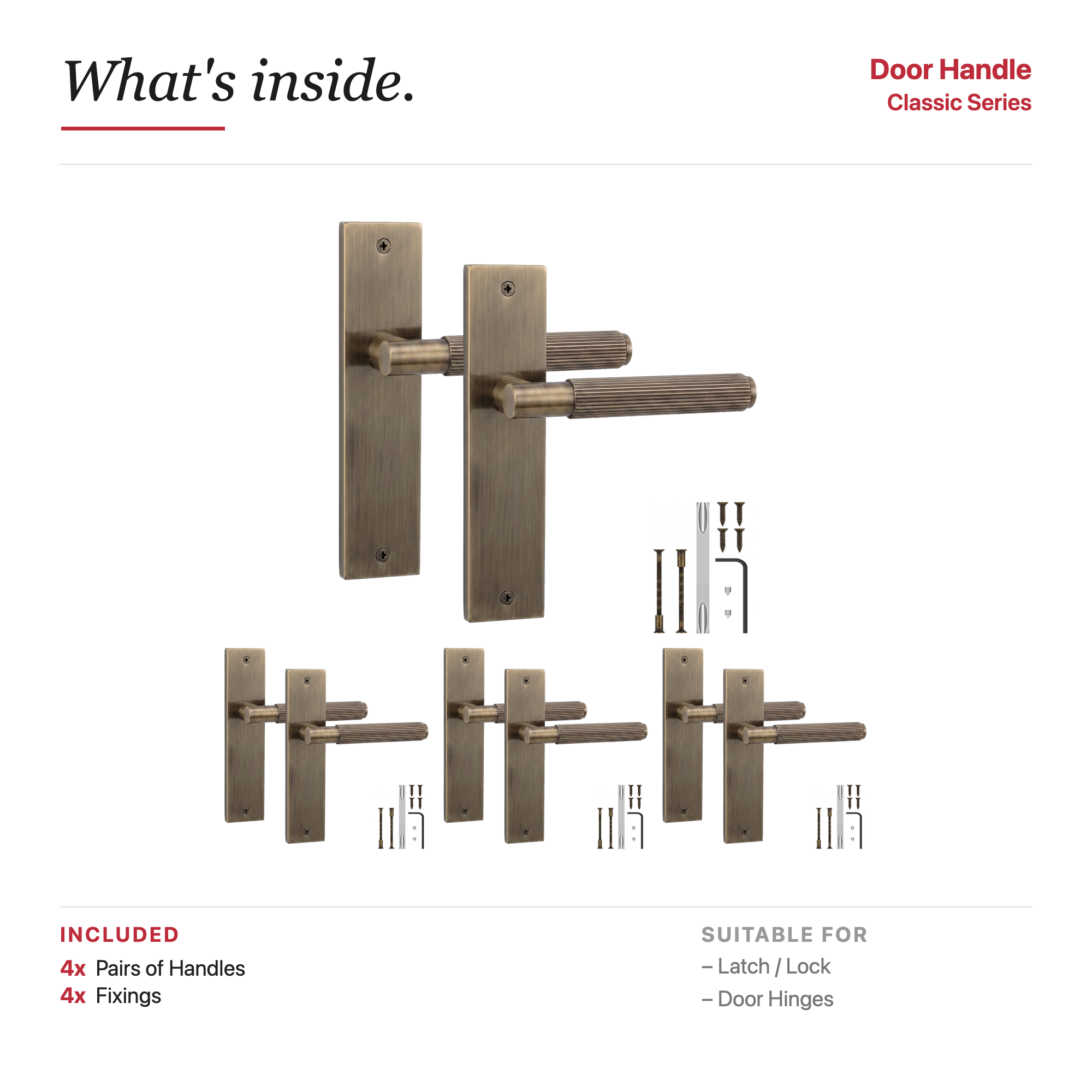 Hera Antique Brass Door Lever Handles on Backplate – showing what's included in the box