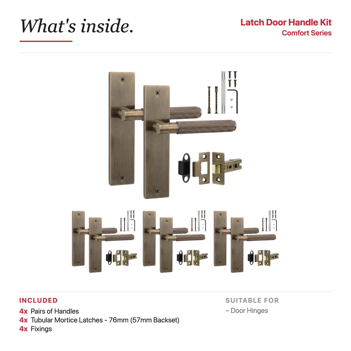 Hera Antique Brass Passage Door Lever Handles on Backplate – showing what's included in the box