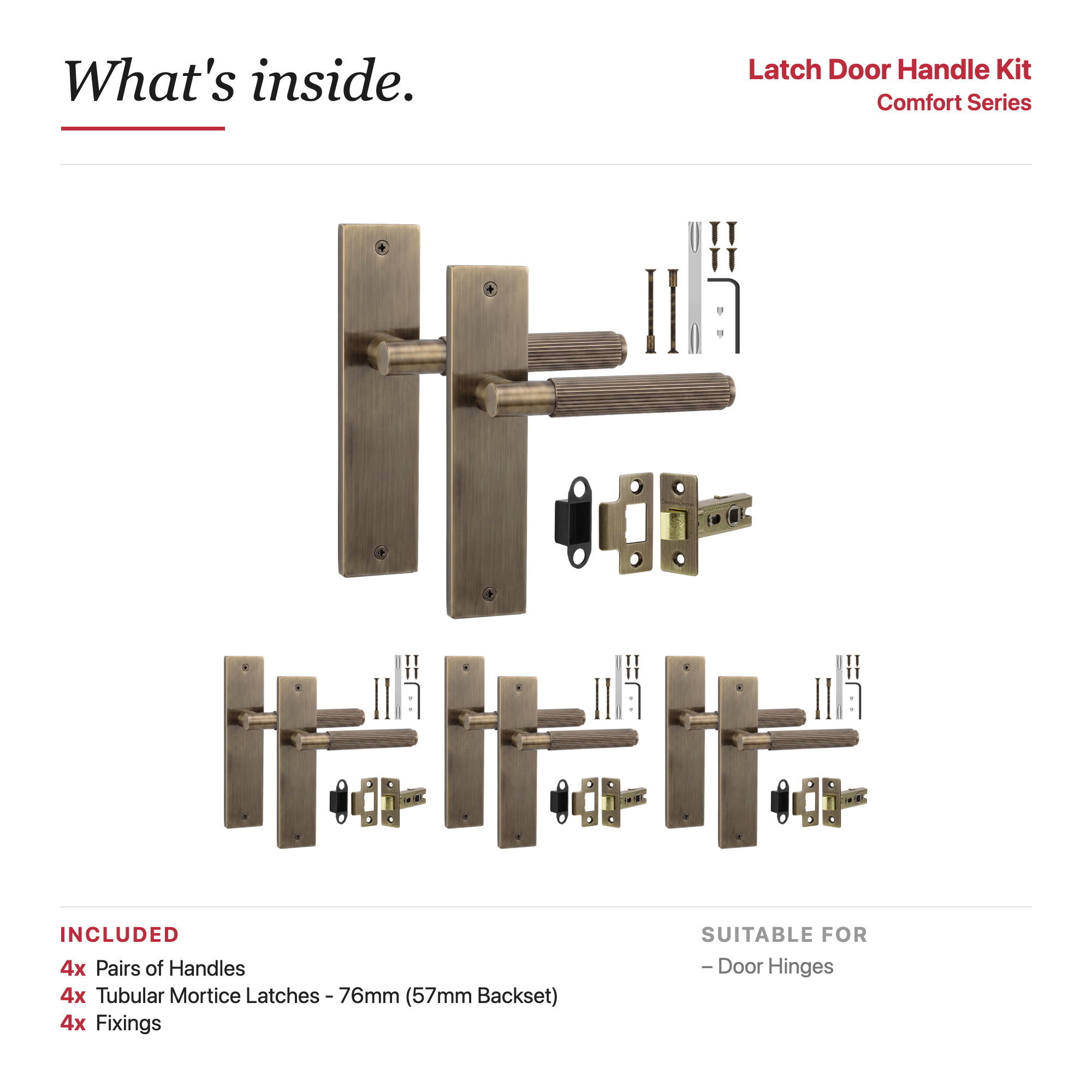 Hera Antique Brass Passage Door Lever Handles on Backplate – showing what's included in the box