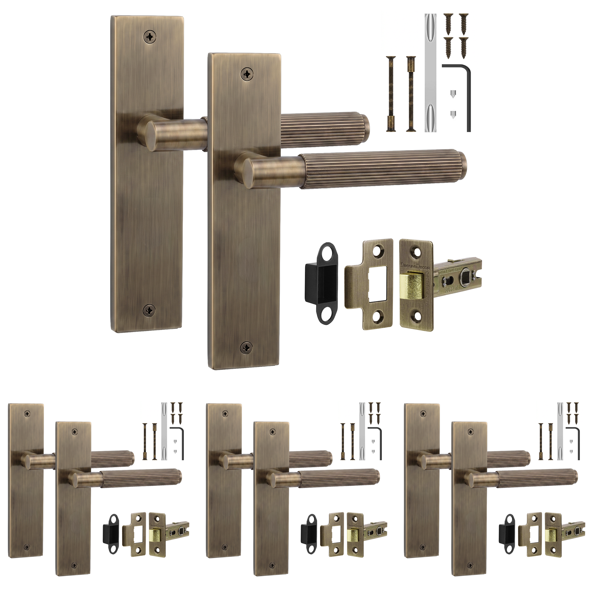 Hera Antique Brass Passage Door Lever Handles on Backplate - Latch Kit 64mm - Pack of 4