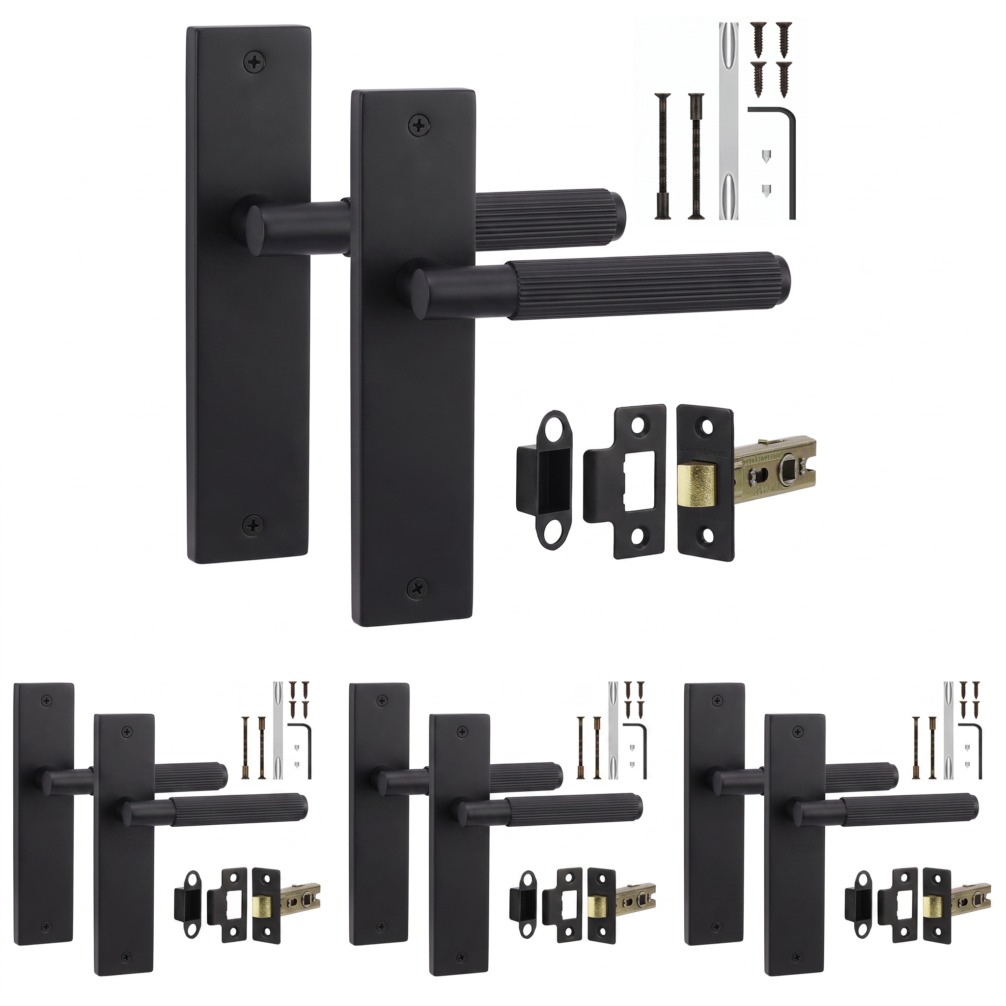 Hera Matt Black Passage Door Lever Handles on Backplate - Latch Kit 64mm - Pack of 4