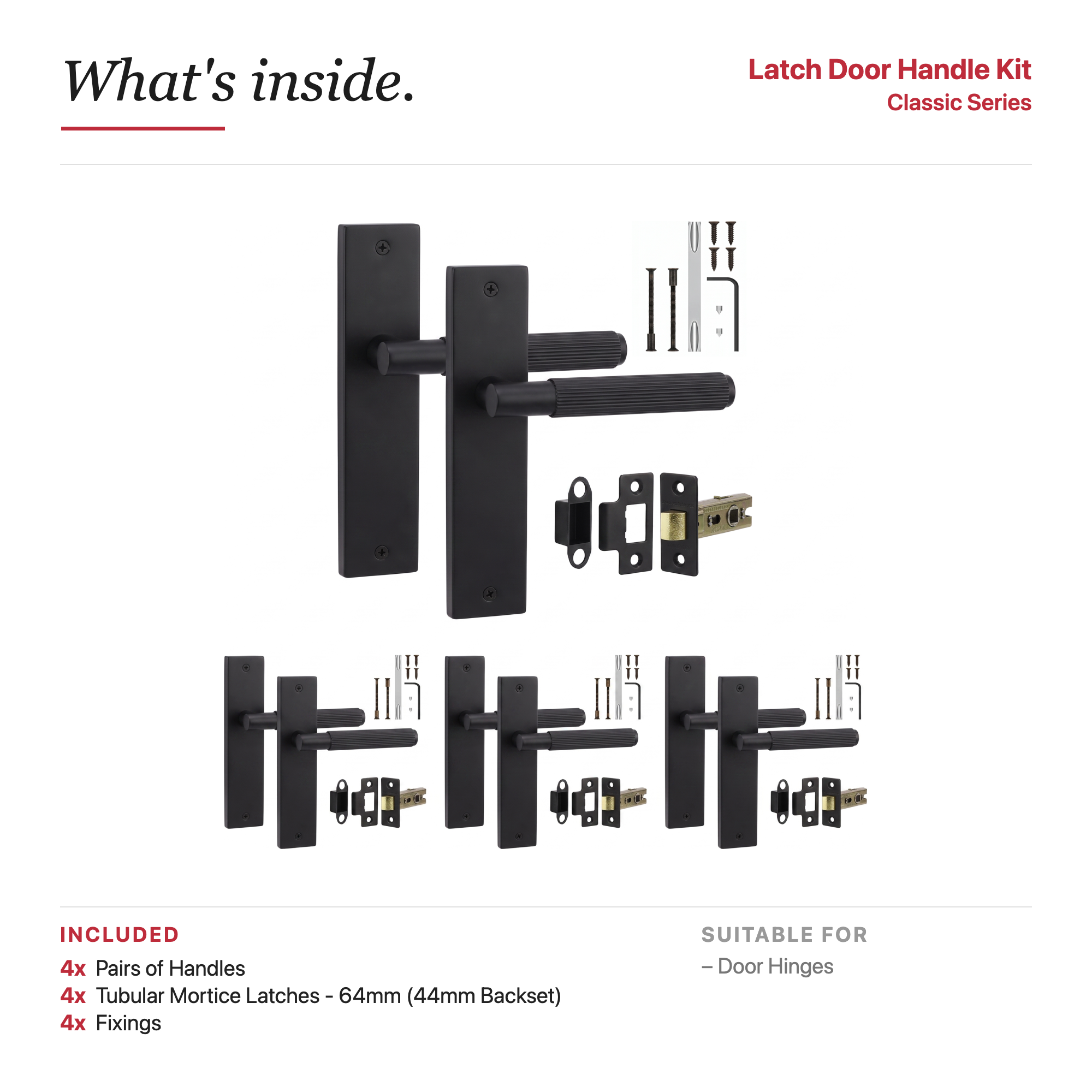 Hera Matt Black Passage Door Lever Handles on Backplate – showing what's included in the box