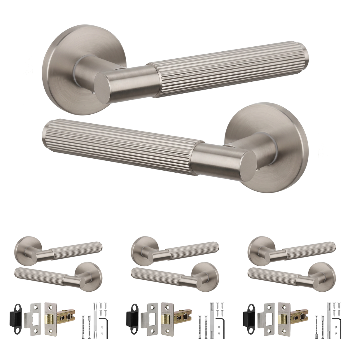 Hera Satin Nickel Passage Door Lever Handles - Latch Kit 76mm - Pack of 4