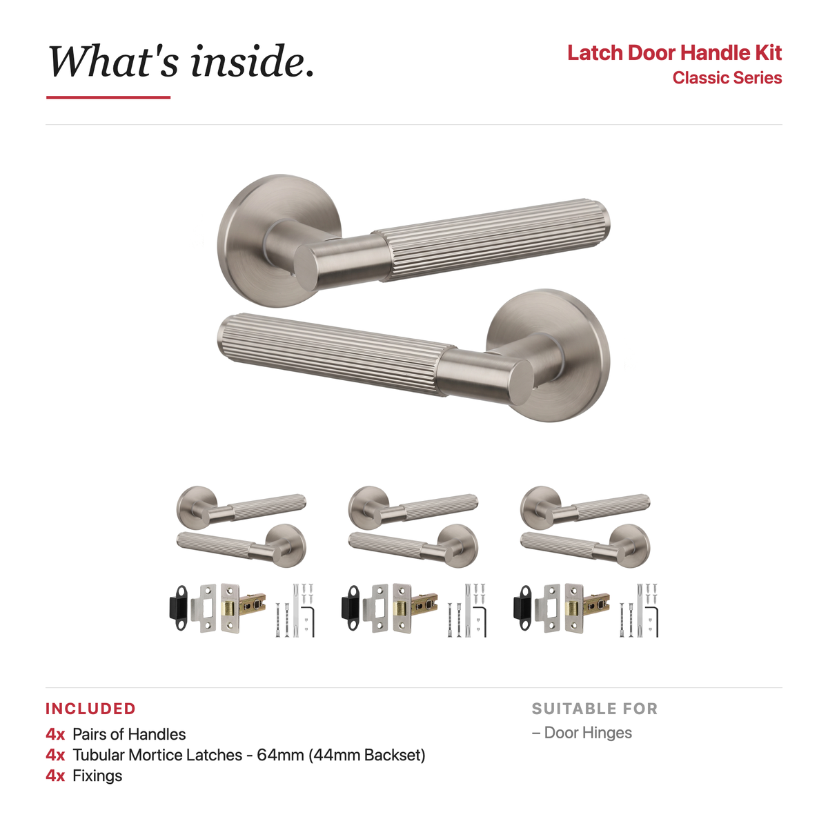 Hera Satin Nickel Passage Door Lever Handles – showing what's included in the box