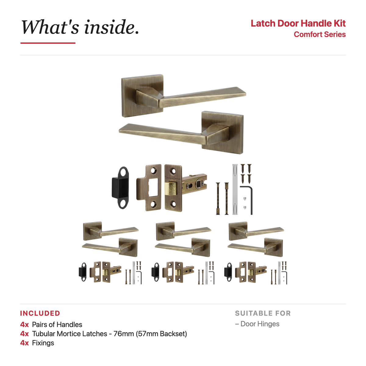 Leda Antique Brass Passage Door Lever Handles – showing what's included in the box