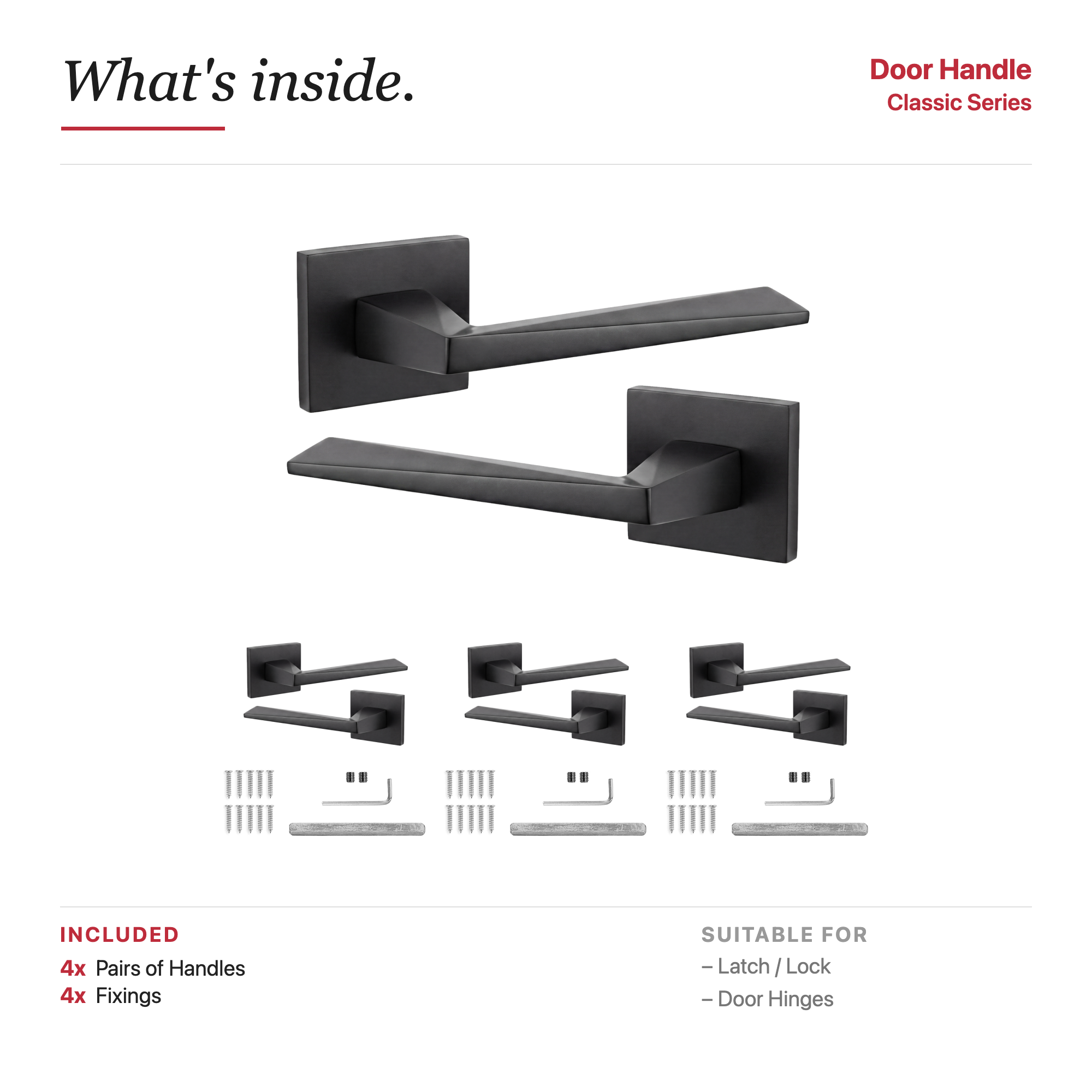 Leda Matt Black Door Lever Handles – showing what's included in the box