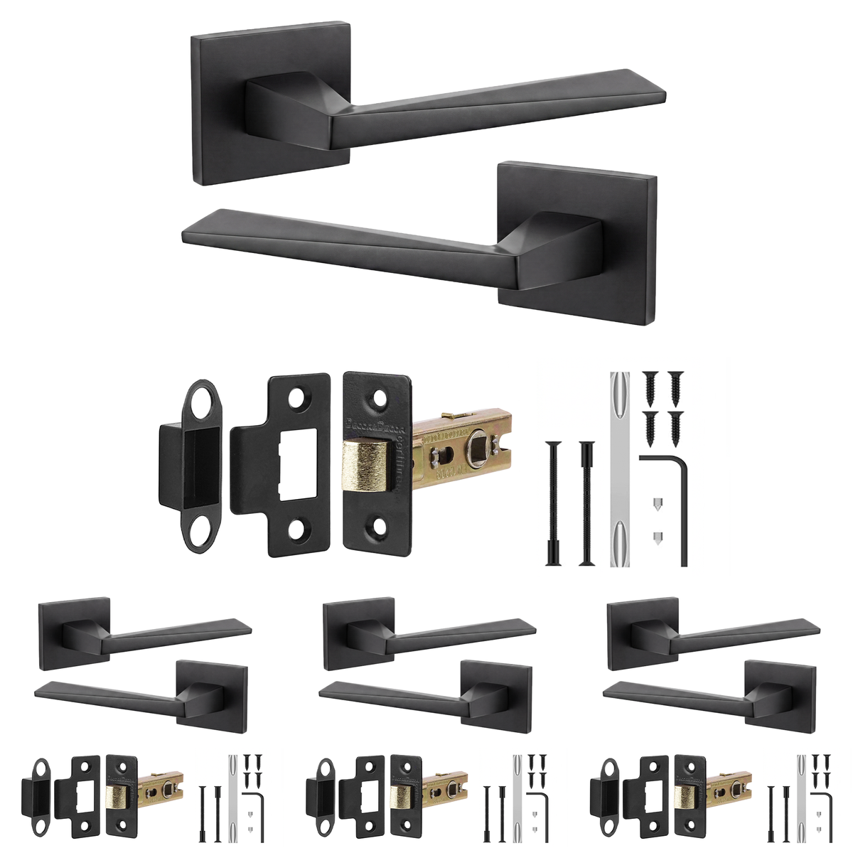 Leda Matt Black Passage Door Lever Handles - Latch Kit 76mm - Pack of 4