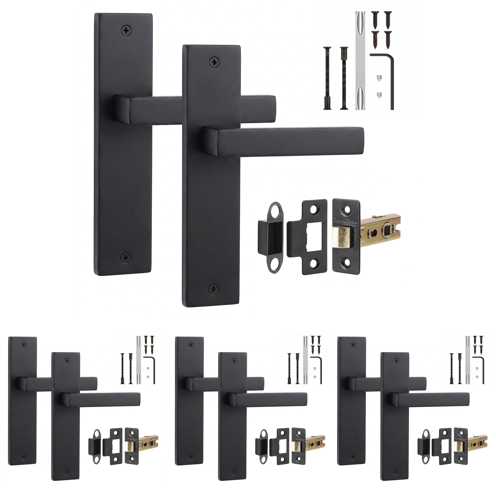 Lumina Matt Black Passage Door Lever Handles on Backplate - Latch Kit 76mm - Pack of 4